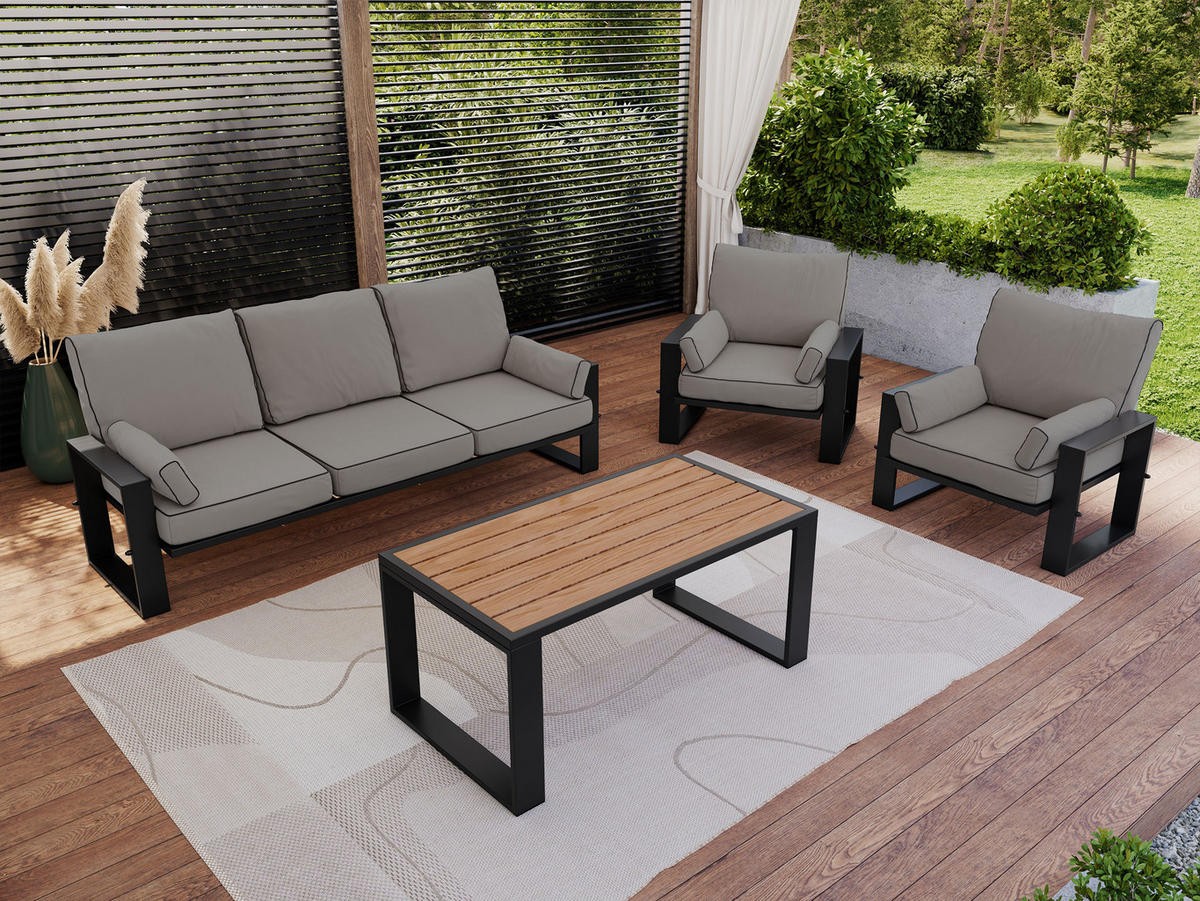 GARTENMÖBEL-SET ELBA:  1x Tisch, 1x Sofa, 2x Sessel - Grau - Grau, Textil - MKS
