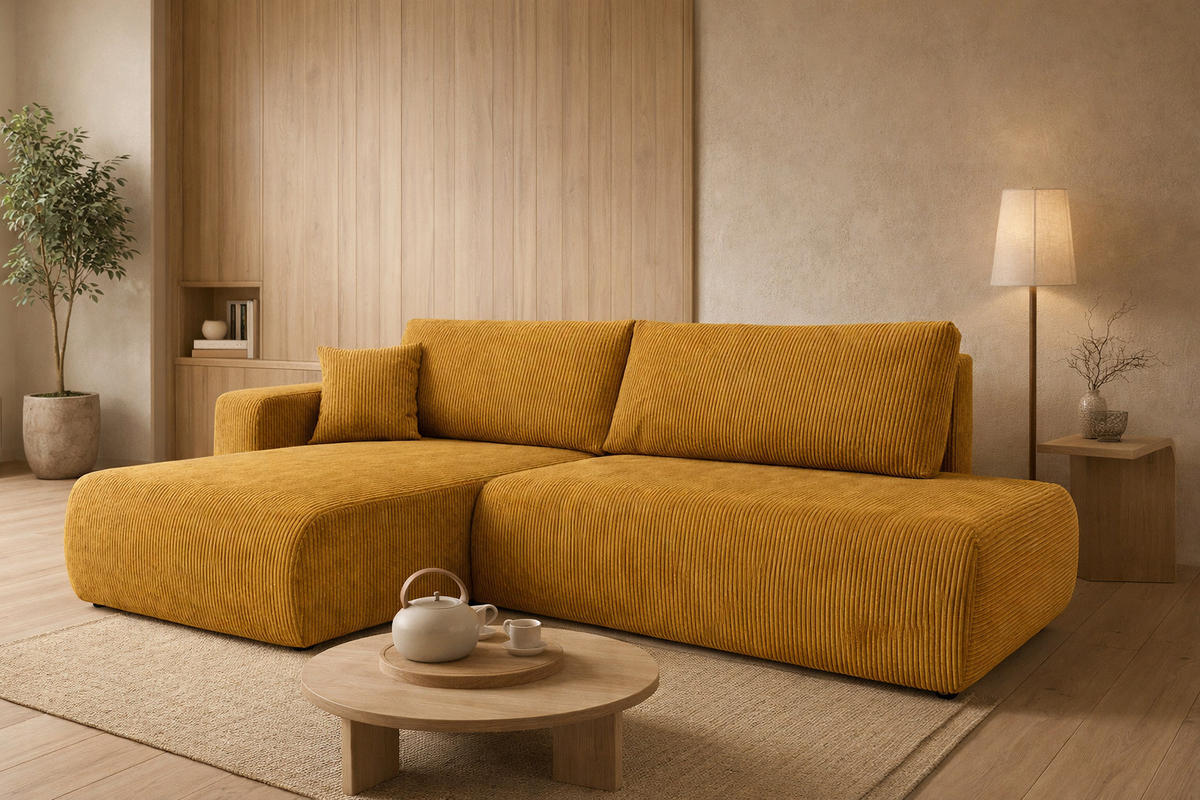 ECKSOFA Mit Schlaffunktion Und Bettkasten, Cordstoff Poso, Senffarbe, Links, OPEN XL - Gelb, Holz (262/145cm) - Kaiser Möbel
