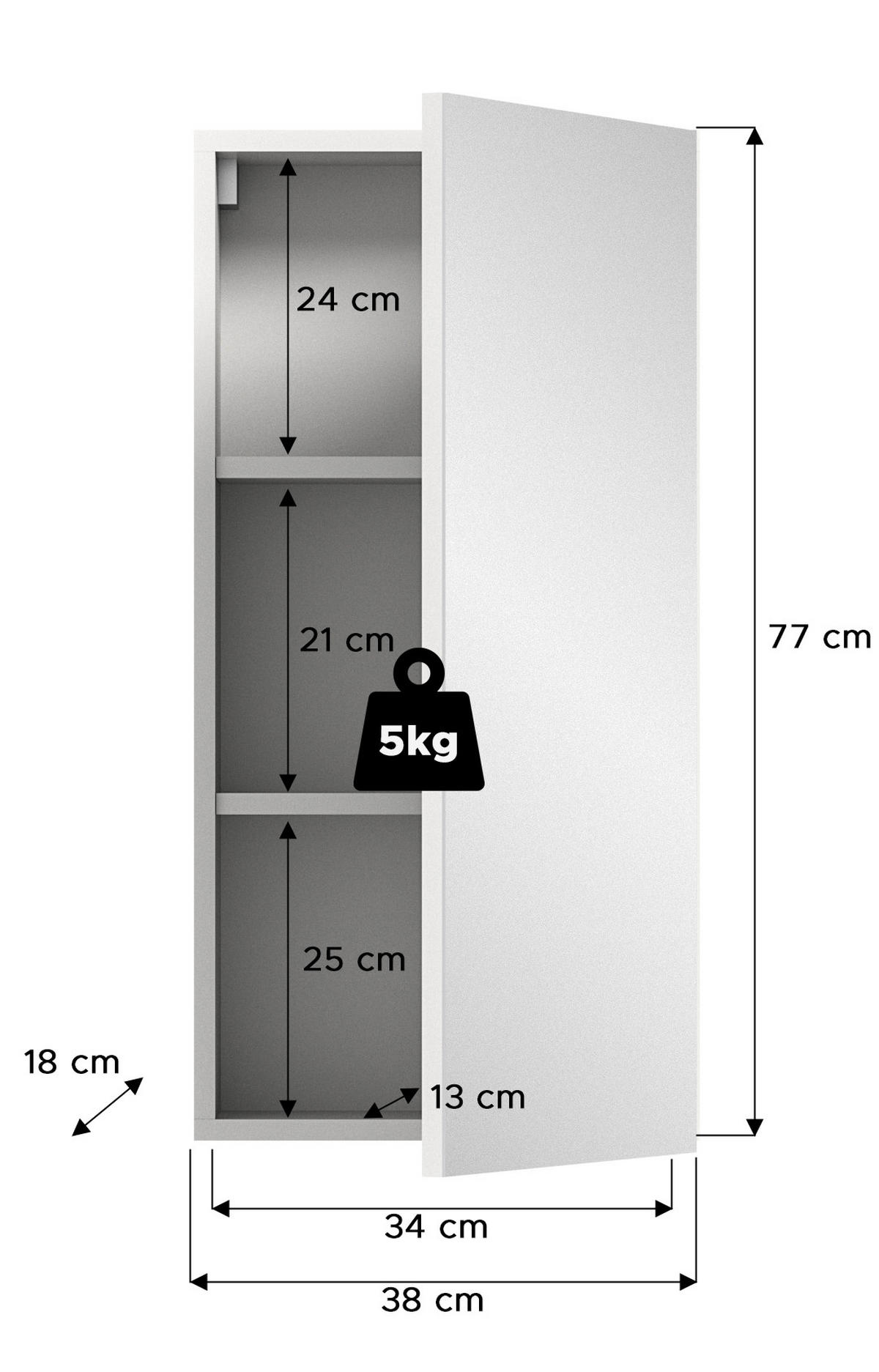 SPIEGELSCHRANK Vira Bad in weiß Melamin und weiß hochglanz B/H/T: 38x77x18 cm - Weiß, Holz (38/77/18cm)