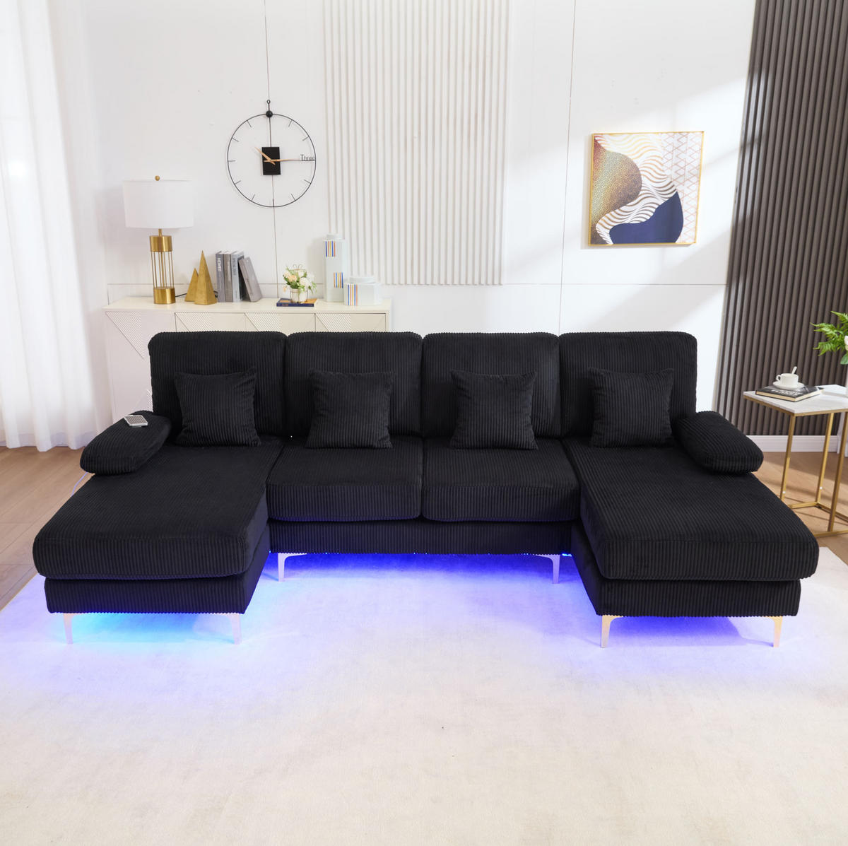 WOHNLANDSCHAFT 265/135/88 cm in Schwarz aus Samt mit LED-Beleuchtung und USB-Anschluss - Schwarz, Textil (135/88/265cm) - Flora Grace
