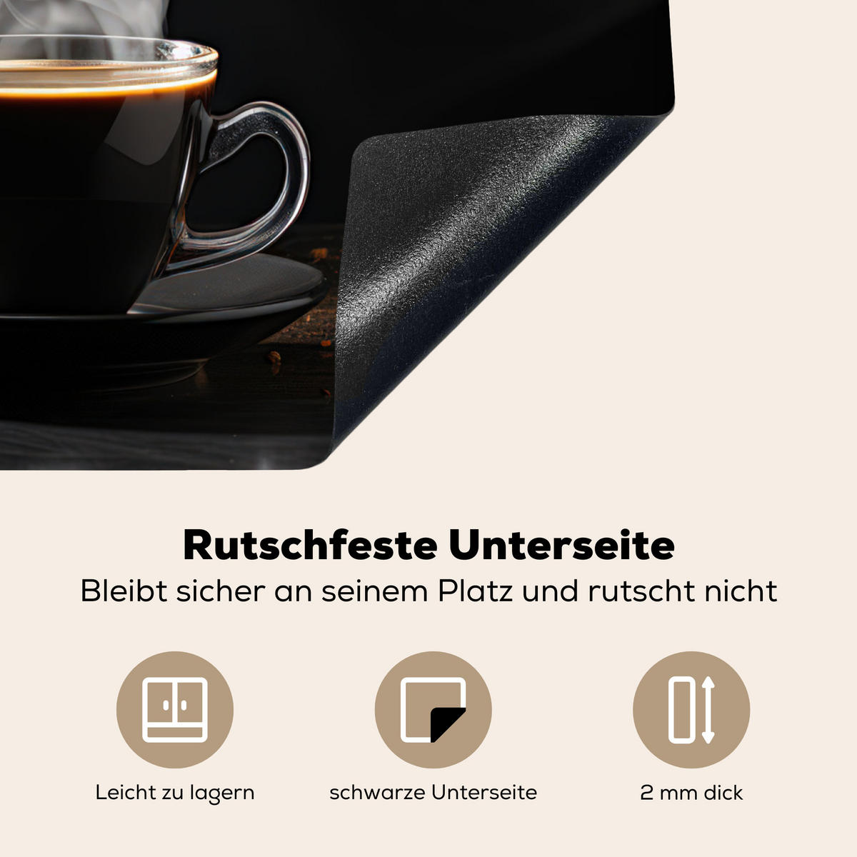HERDABDECKPLATTE Kaffee - Schwarz - Bohnen - Heiß - Tasse Abdeckung Ceranfeld 59x51 cm - Schwarz, Kunststoff (59/51/0.2cm) - MuchoWow