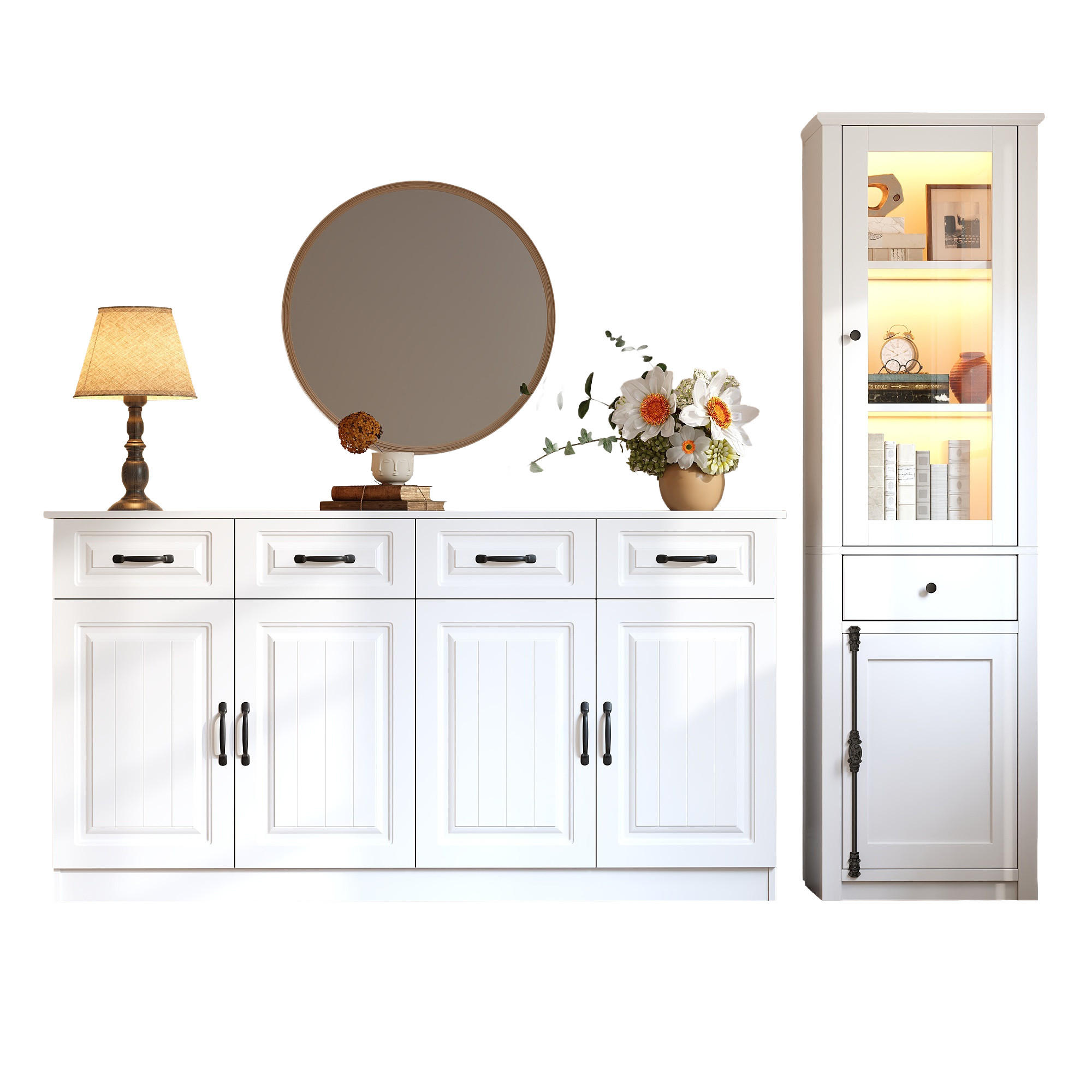 VITRINE in Weiß Wohnzimmer-Set inkl. Beistellschrank und Vitrine für Wohnzimmer, B160/T35/H80 cm, B55/T40/H200 cm - Weiß, Glas/Holzwerkstoff (160/80/35cm) - STILVORA