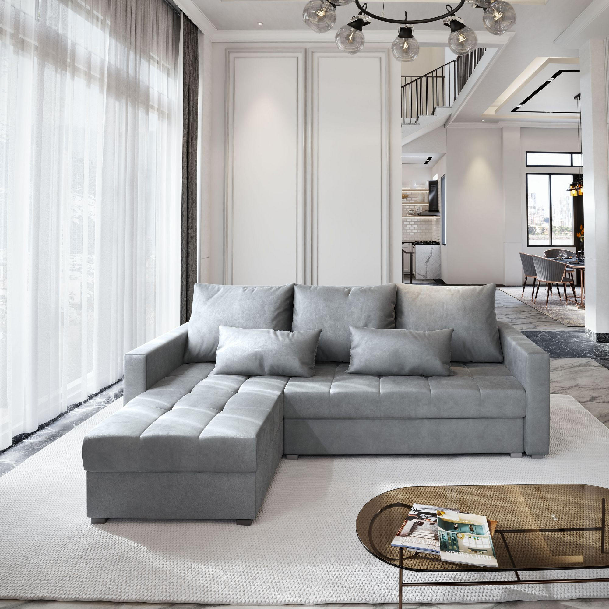 ECKSOFA KOS PIK M Hellgrau Velours-Stoff mit Schlaffunktion - Hellgrau, Holz (220/140cm) - MASSENO