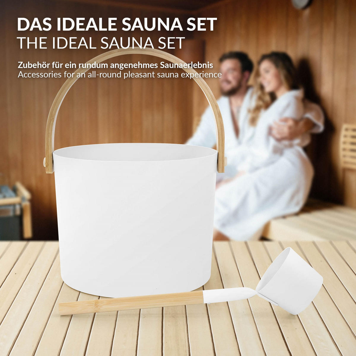 SADA SAUNOVÉHO PŘÍSLUŠENSTVÍ z hliníku a dřeva, bílá, kbelík na nalévání a naběračka - bílá, kov (24/34/32.5cm) - LuxeBath