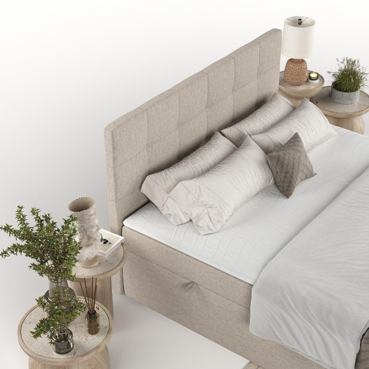 BOXBETT Lean 160/200 cm Hellbeige im Megan Stoff - Sandfarben/Schwarz, Holz/Holzwerkstoff (160/200cm) - AltaBeds
