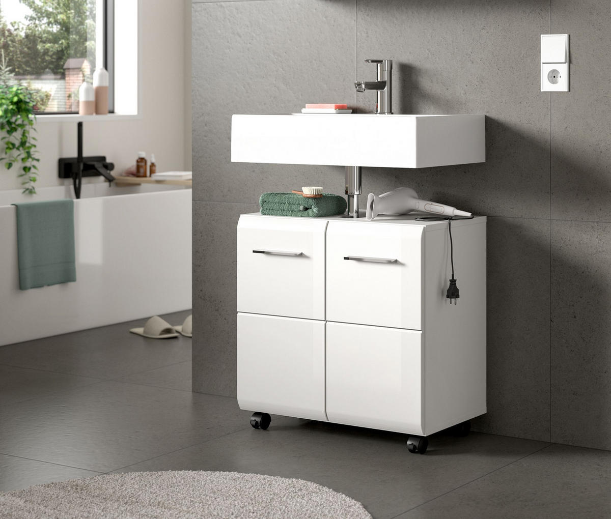 WASCHBECKENUNTERSCHRANK auf Rollen ICE (B/H/T: ca. 60/58/30 cm) in Weiß/weiß hochglanz - Weiß, Holzwerkstoff (60/58/30cm)