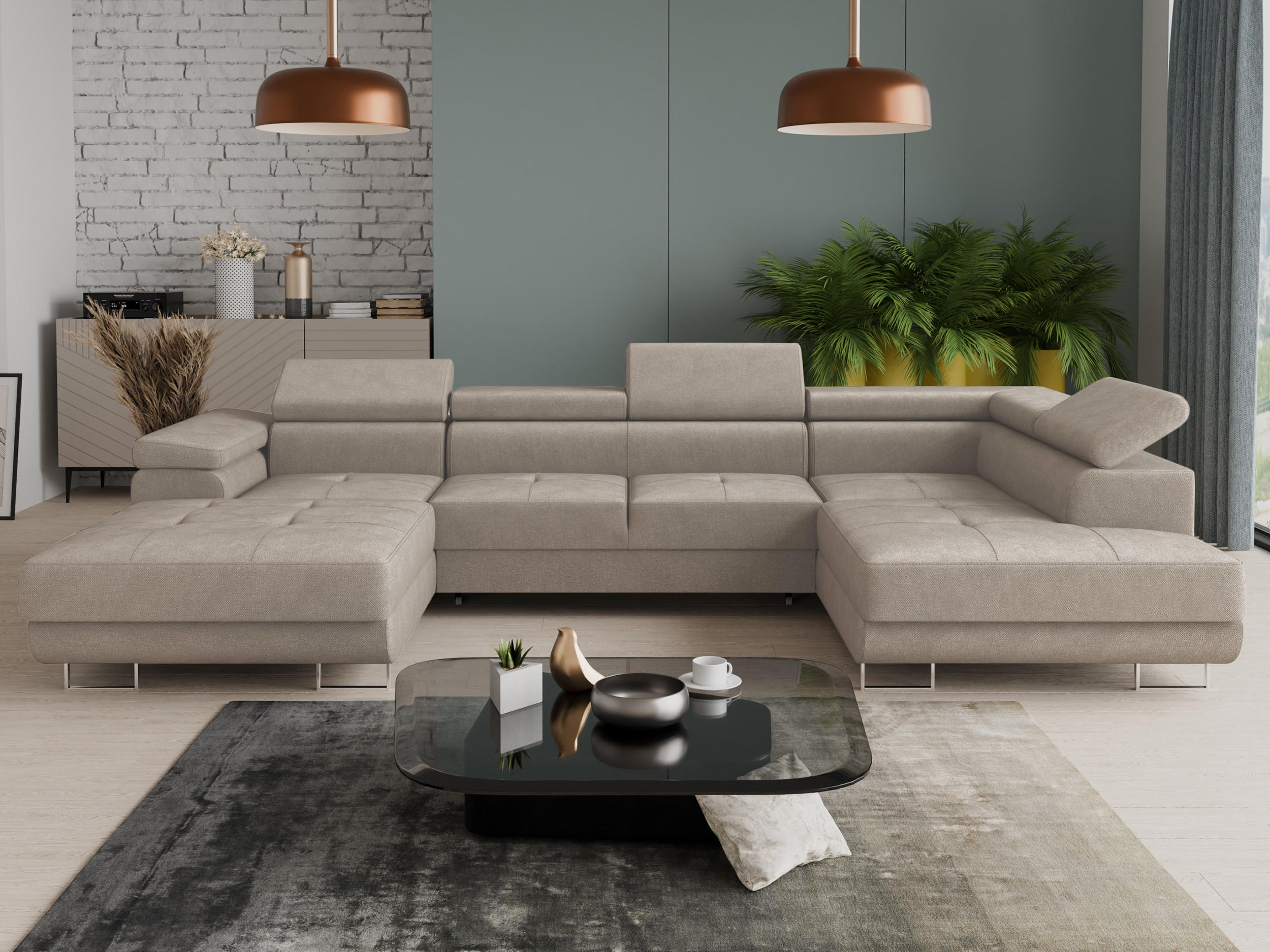 WOHNLANDSCHAFT Caris U, Seite: Links - Beige, Holz/Textil (348/90/205cm) - Sofnet