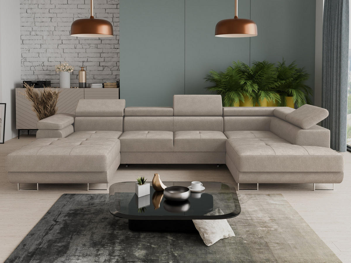 WOHNLANDSCHAFT Caris U, Seite: Links - Beige, Holz/Textil (348/90/205cm) - Sofnet