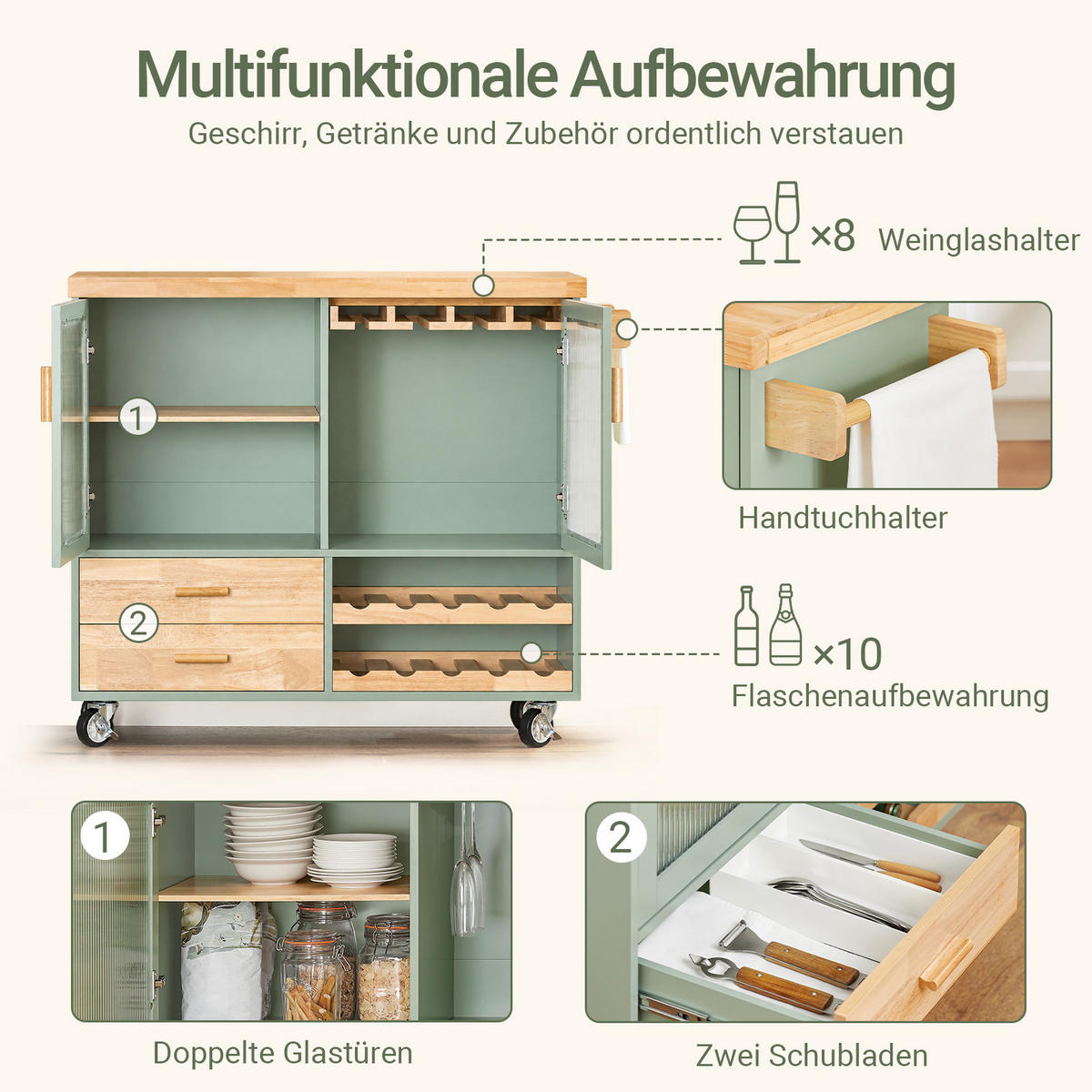 KÜCHENINSEL mit Bremsrollen, 110 x 92 x 40 cm, Weinregal, Glastüren, 2 Schubladen, Grün - Grün, Naturmaterialien/Holz (109/92/40cm) - SoBuy
