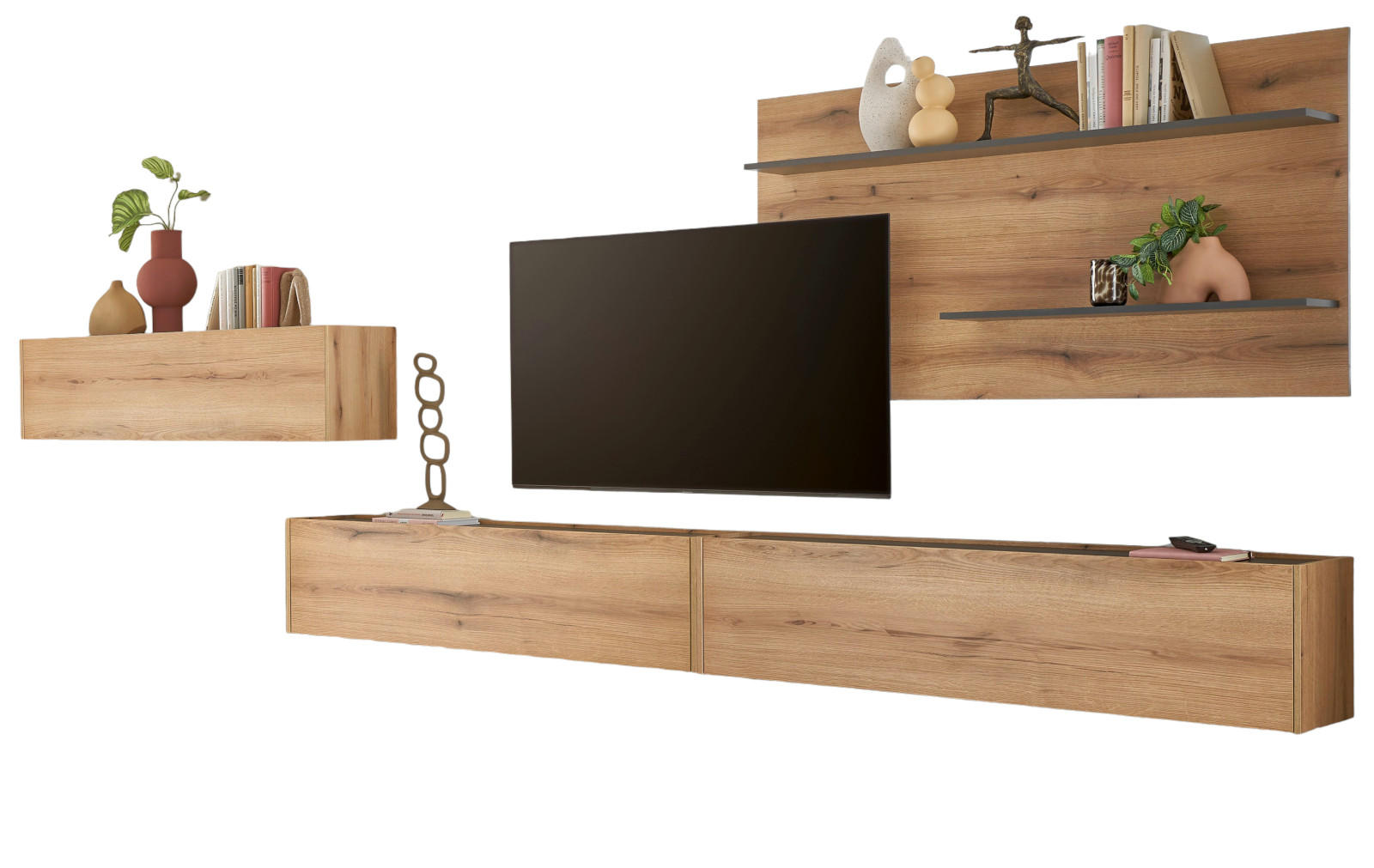 WOHNWAND Evoke Eiche, grau, Set 4-teilig mit XXL-TV-Schrank, 400 cm - Eichefarben/Grau, Holz/Holzwerkstoff (400/180/30cm) - Furn.Design