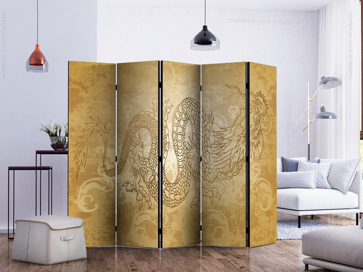 PARAVÁN Akustický 5-Dielny 225x172 cm Drak a Ornamenty - žltá, drevo/textil (225/172/3cm) - Muralo
