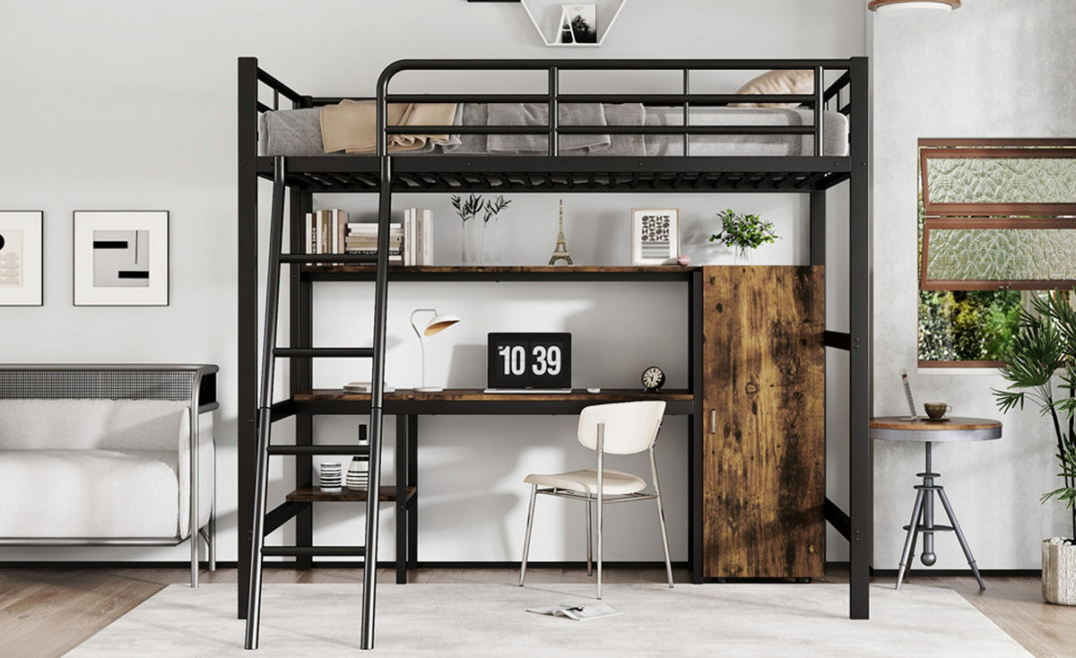 HOCHBETT Mit Bücherregalen, Schreibtisch und Kleiderschrank Schwarz - Schwarz, Holzwerkstoff/Metall - Urban Meuble