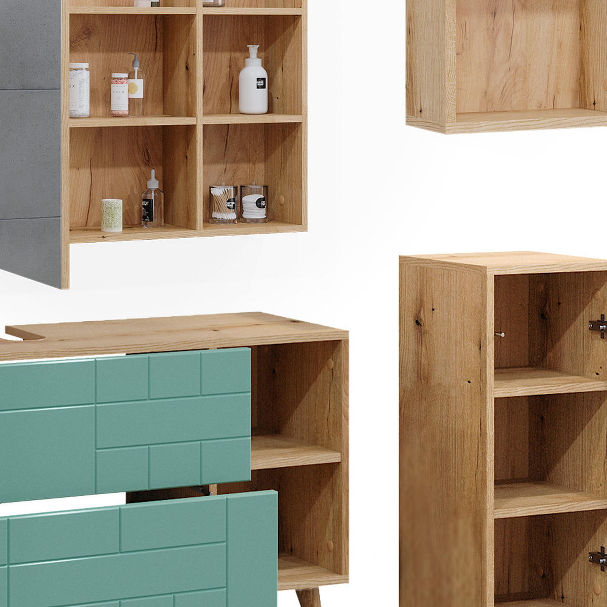 BADMÖBEL-SET Rudi Mintgrün 5 Teile - Eichefarben/Mintgrün, Holzwerkstoff (90/59/32cm) - Vicco