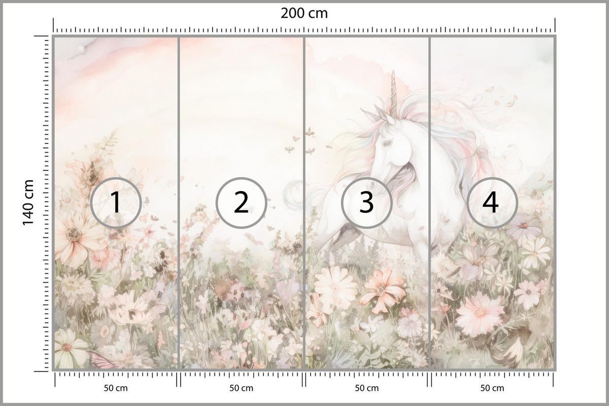 FOTOTAPETE für Kinder Einhorn Blumen Aquarell 200x140 - Gelb/Beige, Papier (200/140cm) - Muralo