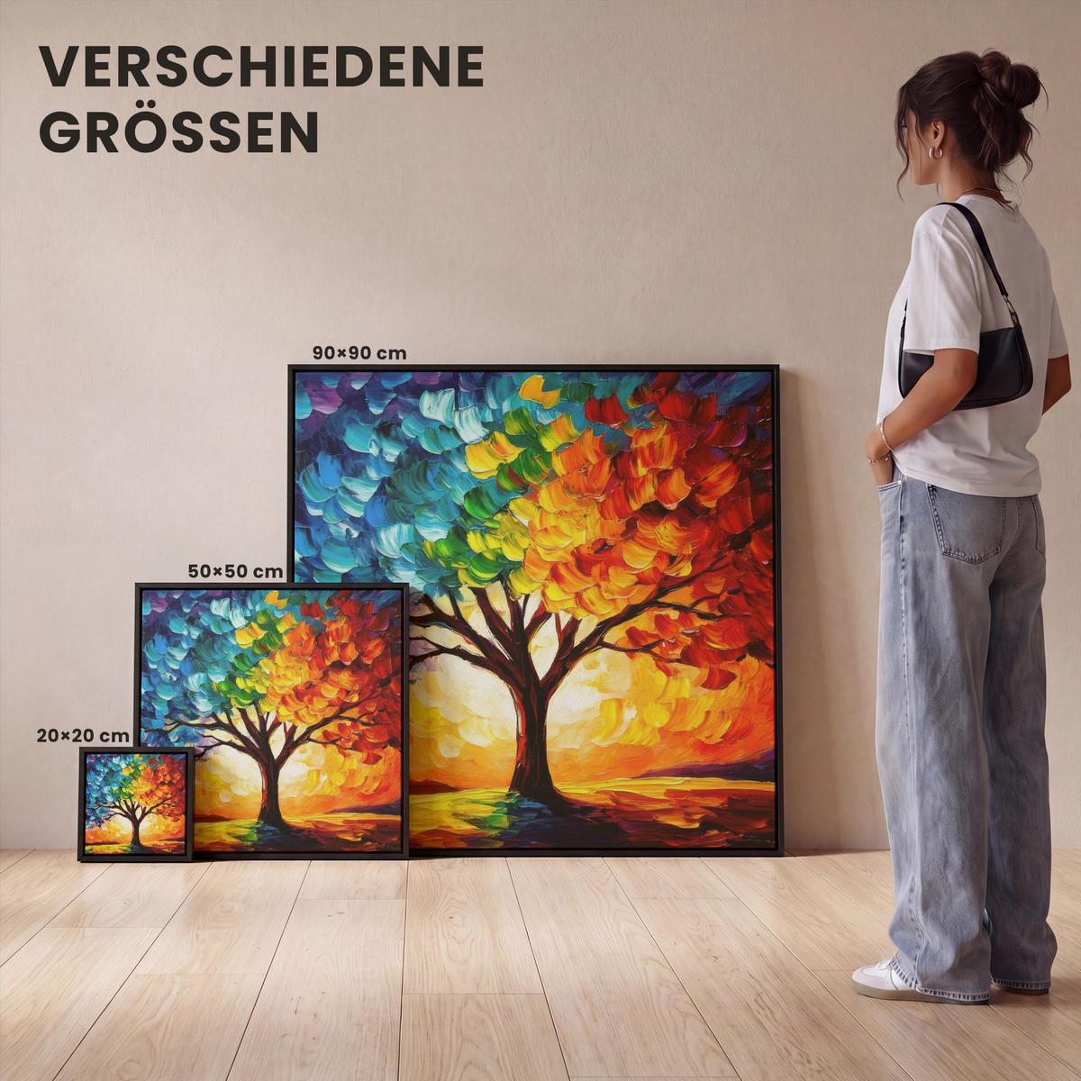 LEINWAND Bilder mit Rahmen - Baum - Kunst - Natur - Sonnenuntergang - 90x90 - Multicolor, Textil (90/90cm) - MuchoWow