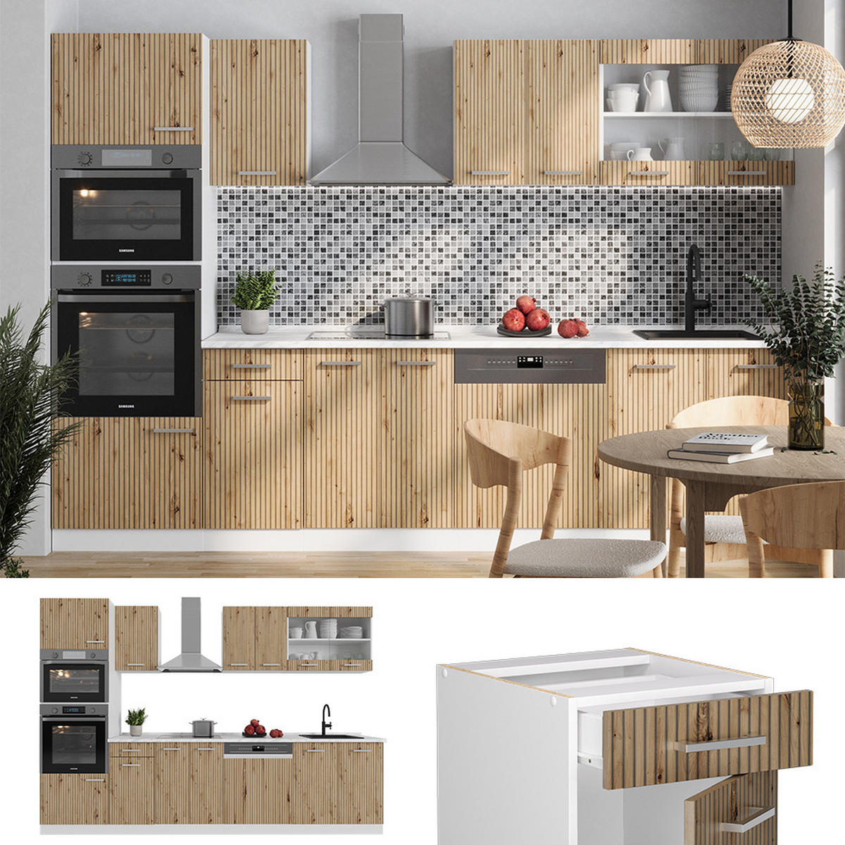 KÜCHENZEILE R-Line Artisan Eiche/Weiß 300 cm mit Hochschrank, ohne AP - Eiche Artisan/Weiß, Holzwerkstoff (300/81.6/46cm) - Vicco