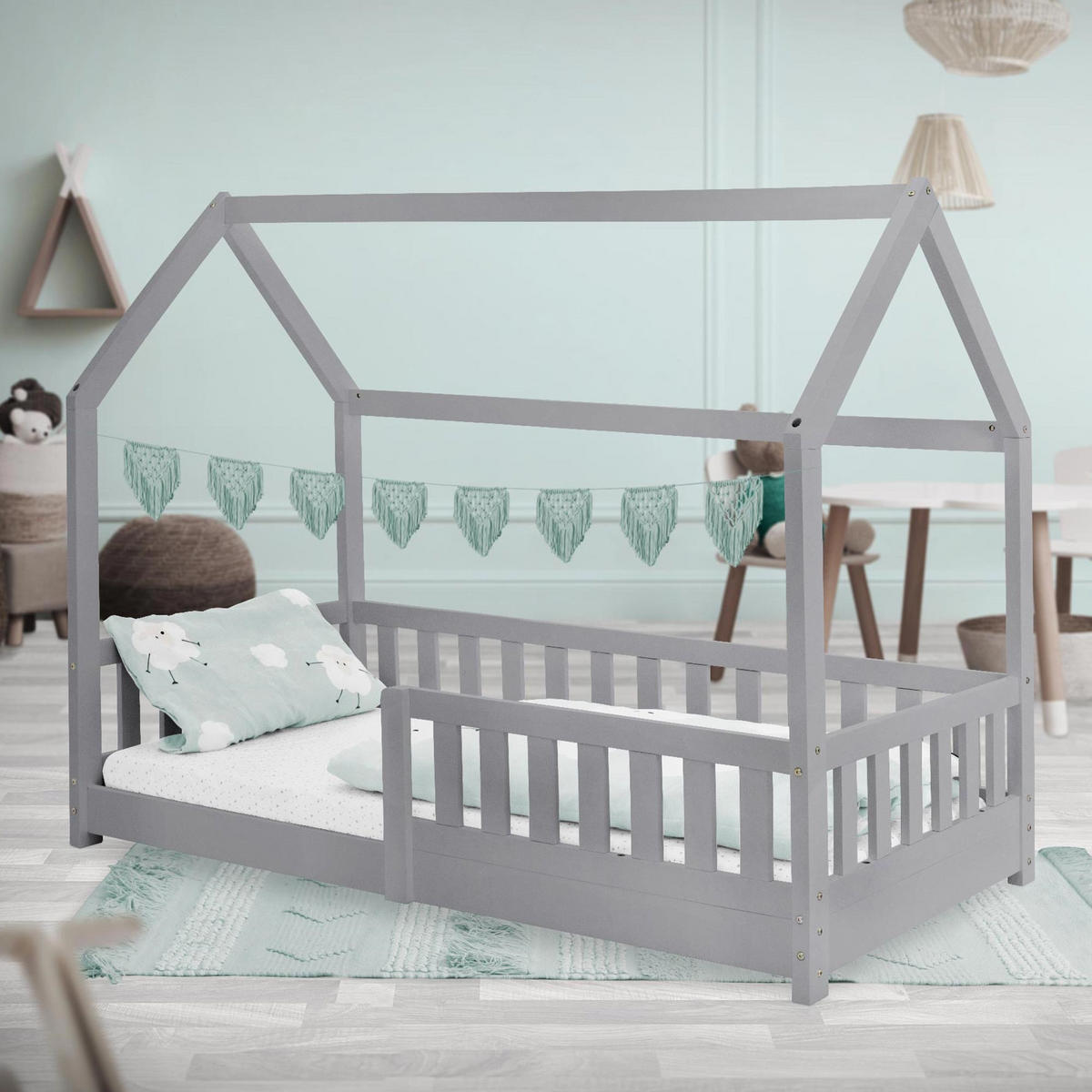 KINDERBETT mit Dach 80x160 cm Hellgrau - Hellgrau, Holz (80/160cm) - ML-DESIGN