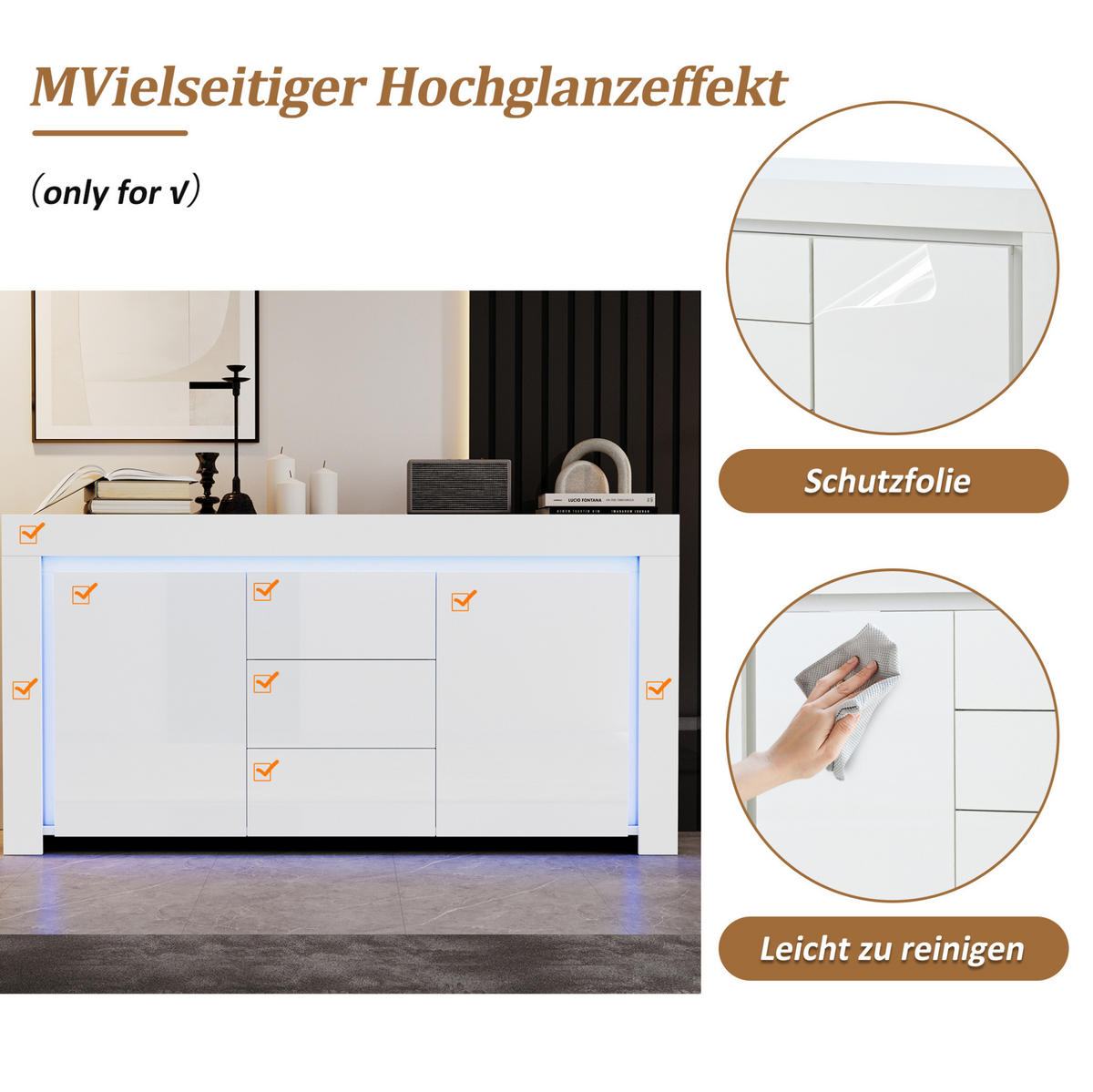 SIDEBOARD 140/40/65 cm in Weiß Hochglanz mit 2 Türen, 3 Schubladen & LED - Weiß, Holzwerkstoff (140/65/40cm) - BEAOK