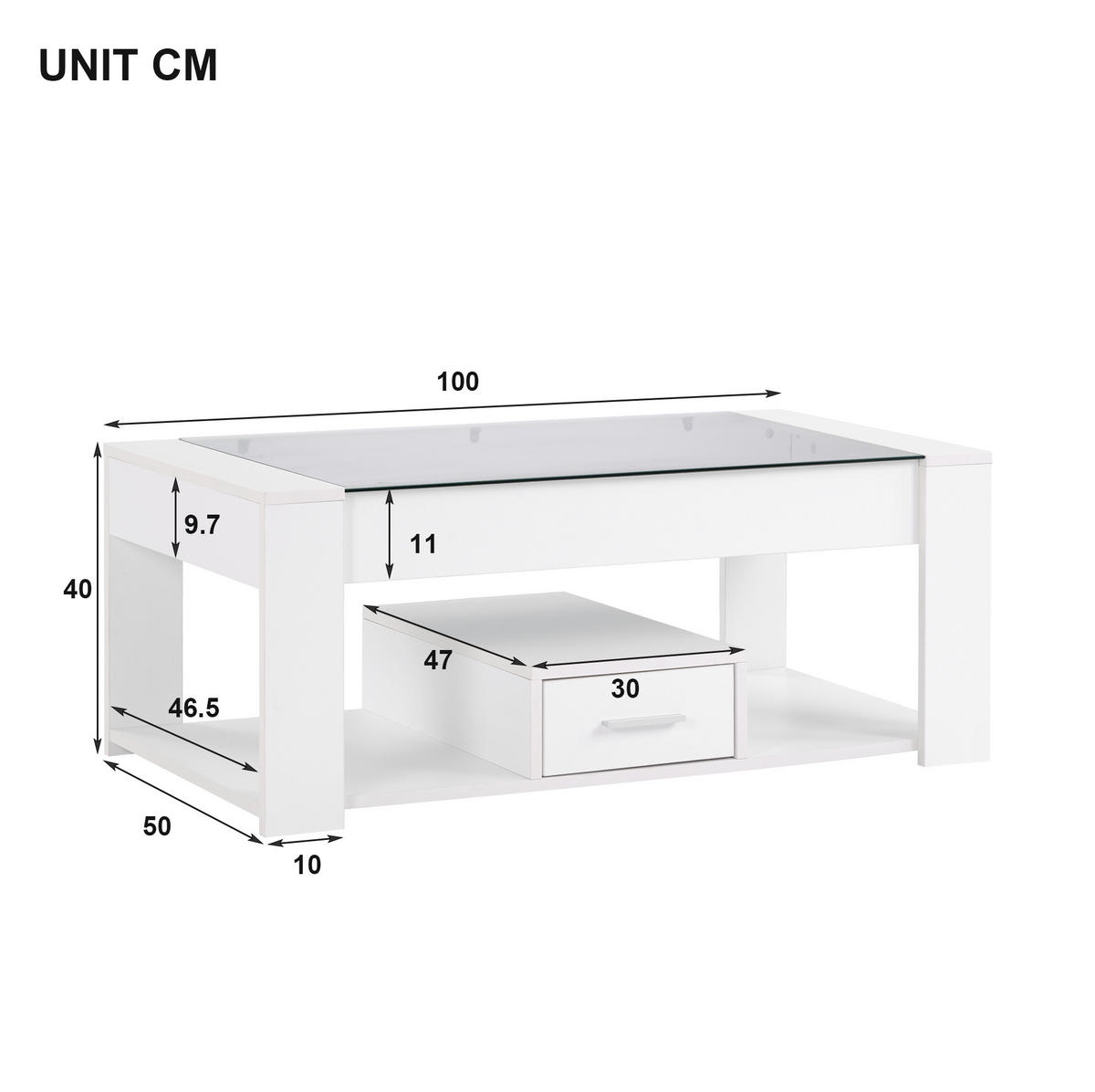 KONFERENČNÍ stolek 100/50/40 cm bílý z dřevotřísky se skleněnou deskou a úložným prostorem - bílá, kompozitní dřevo (100/50/40cm) - OKWISH