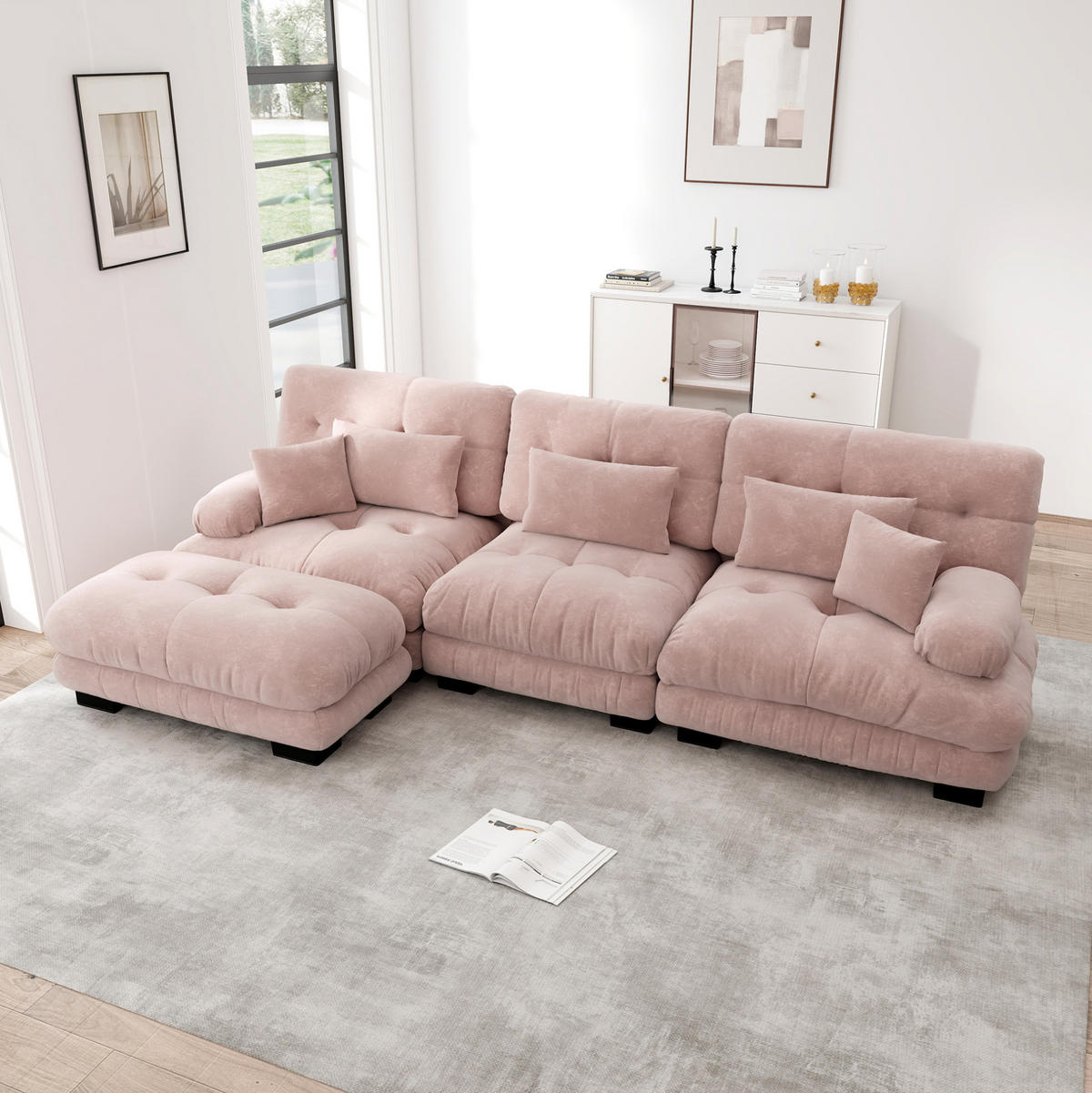 ECKSOFA 313/145/81 cm in Rosa aus Chenille mit Ottomans und modularer Form - Pink, Textil (145/313cm) - Flora Grace