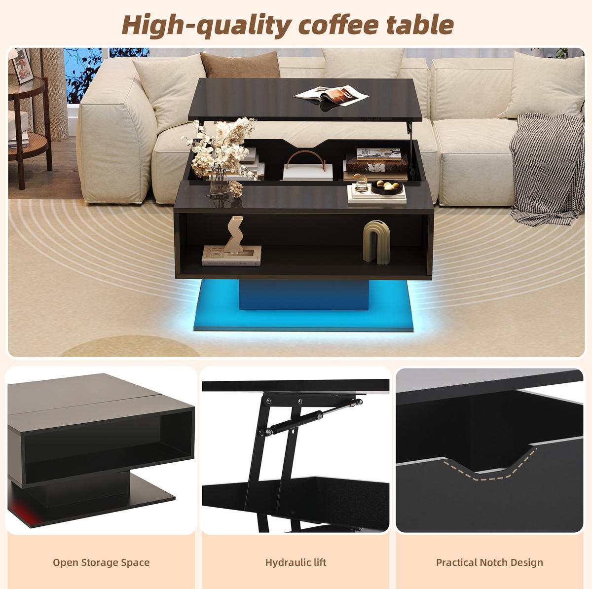 COUCHTISCH 80/75/40 cm schwarz aus Spanplatte mit LED und Stauraum - Schwarz, Holzwerkstoff (80/75/40cm) - OKMYHOME