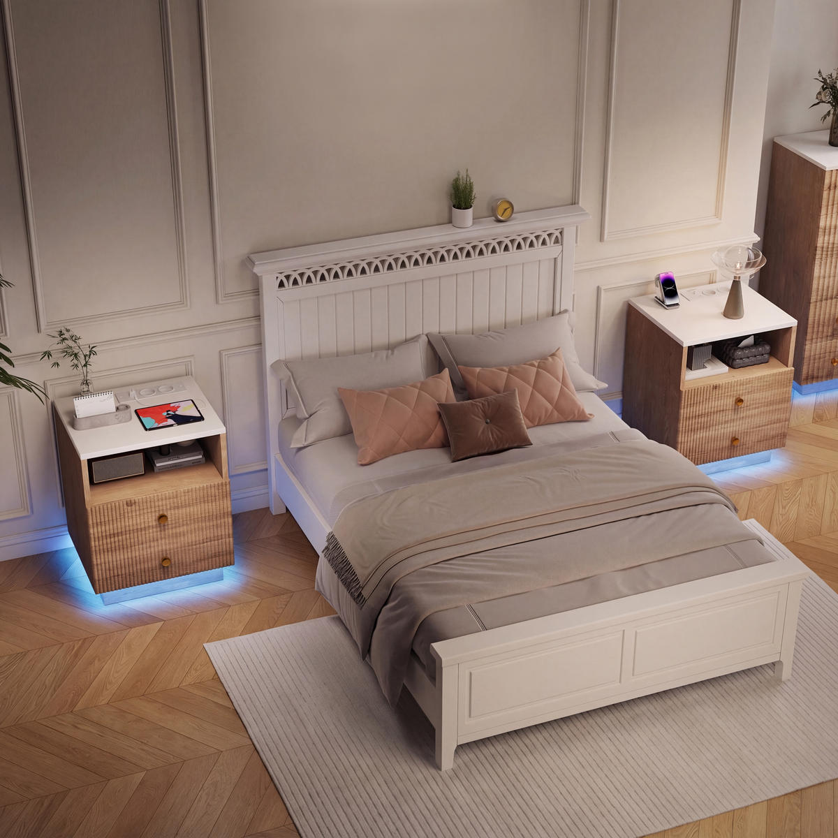 NACHTTISCH 2er Set mit LED,Ladestation &2 Schubladen - Naturfarben, Holz (44/55/38cm) - PARAFTA HOME