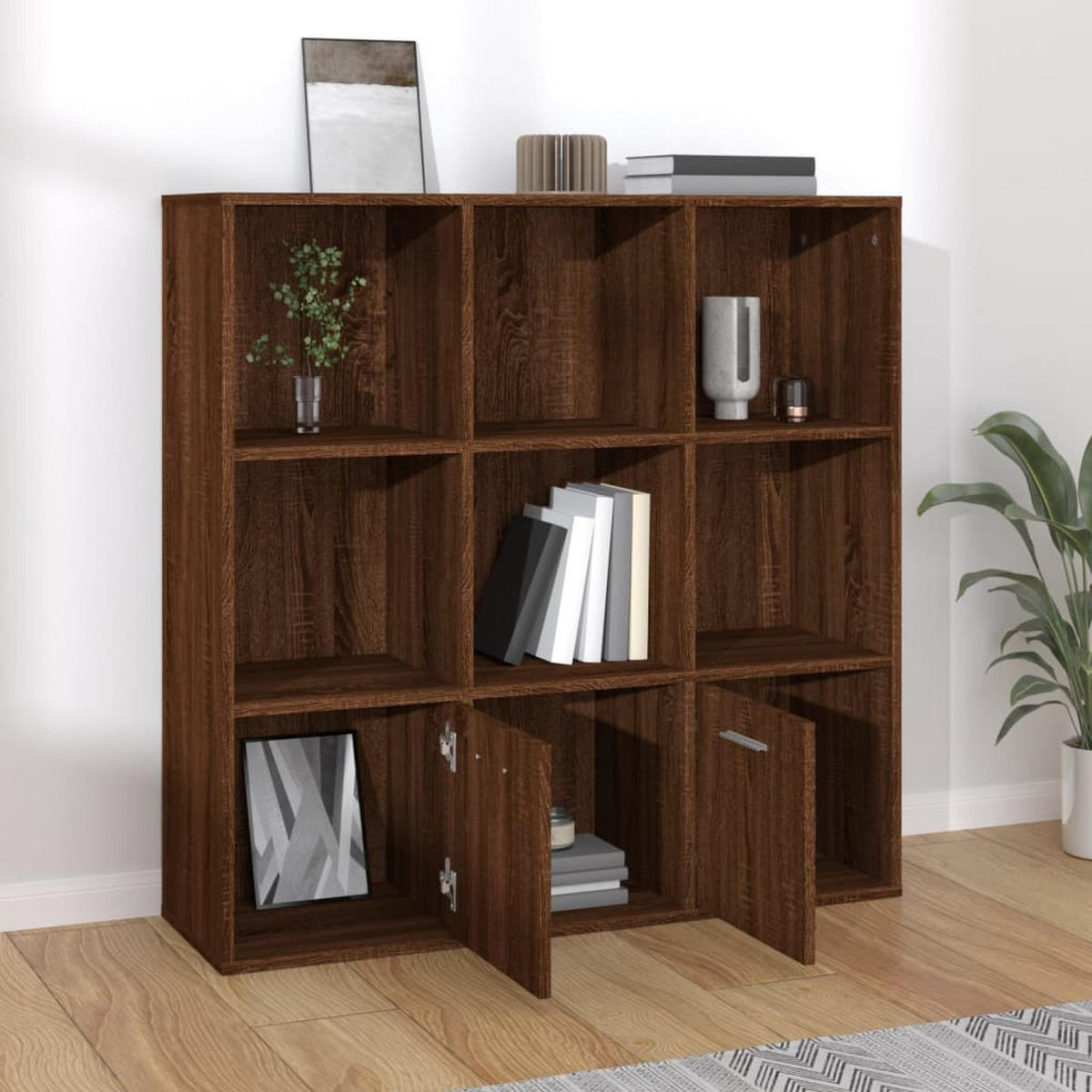 BÜCHERREGAL mit 7 Fächern, 2 Türen 98/30/98 cm aus Holzwerkstoff Braun Eichen-Optik - Dunkelbraun, Holz (98/98/30cm) - vidaXL