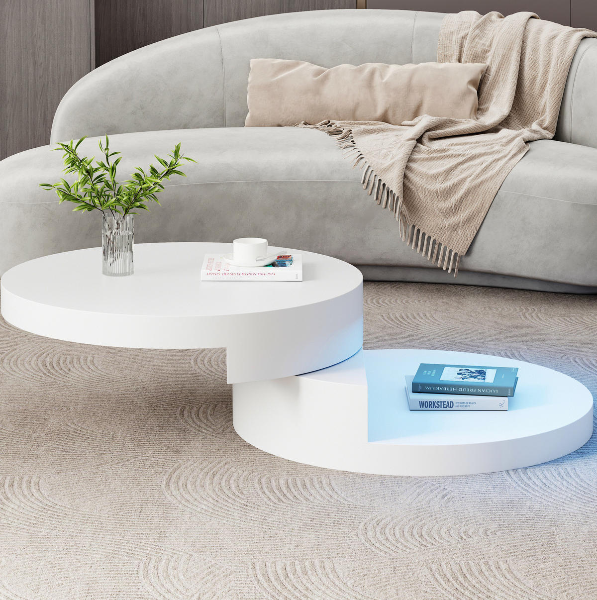 COUCHTISCH 70/70/35,5 cm mit 360° drehbarer Tischplatte, LED-Beleuchtung und 2 Ebenen aus MDF, Weiß - Weiß, Holzwerkstoff (70/70/35.5cm) - Redom