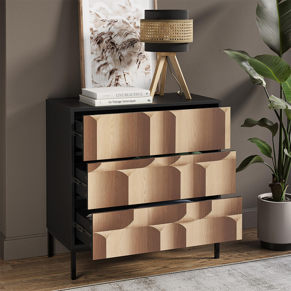 KOMMODE Eliza Schwarz/Eiche 80 x 81.2 cm mit 3 Schubladen - Eichefarben/Schwarz, Holzwerkstoff (80/81.2/40cm) - Vicco