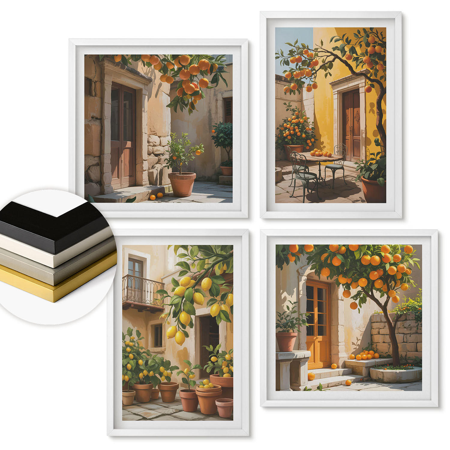 WANDBILDER 4er-Set - 50x50 cm & 40x60 cm Weißer Rahmen - Zitrusfrüchte in der Sonne - Weiß, Kunststoff (50/50cm) - ArtPrintCave