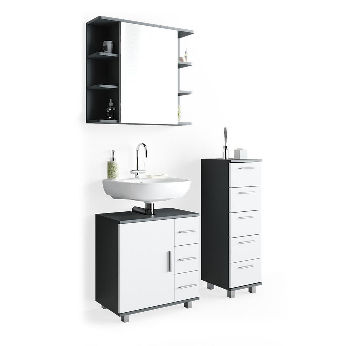BADMÖBEL-SET Ilias Anthrazit 3 Teile, mit Midischrank - Anthrazit/Weiß, Holzwerkstoff (60/60.8/33cm) - Vicco