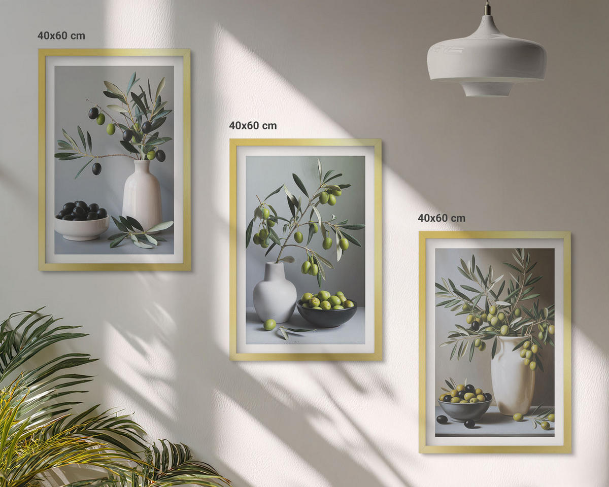 BILDER SET 3er Set - 40x60 cm Goldrahmen - Oliven in schlichten Vasen - Goldfarben, Kunststoff (40/60cm) - TULUP