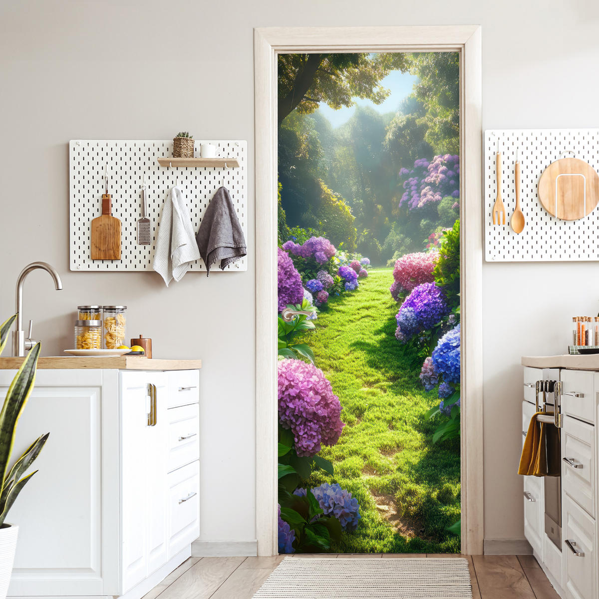 TÜRAUFKLEBER Selbstklebend - Natur - Hortensie - Blumen - Grün 95x235 cm - Türtapete - Hellgrün, Kunststoff (95/0.1cm) - MuchoWow