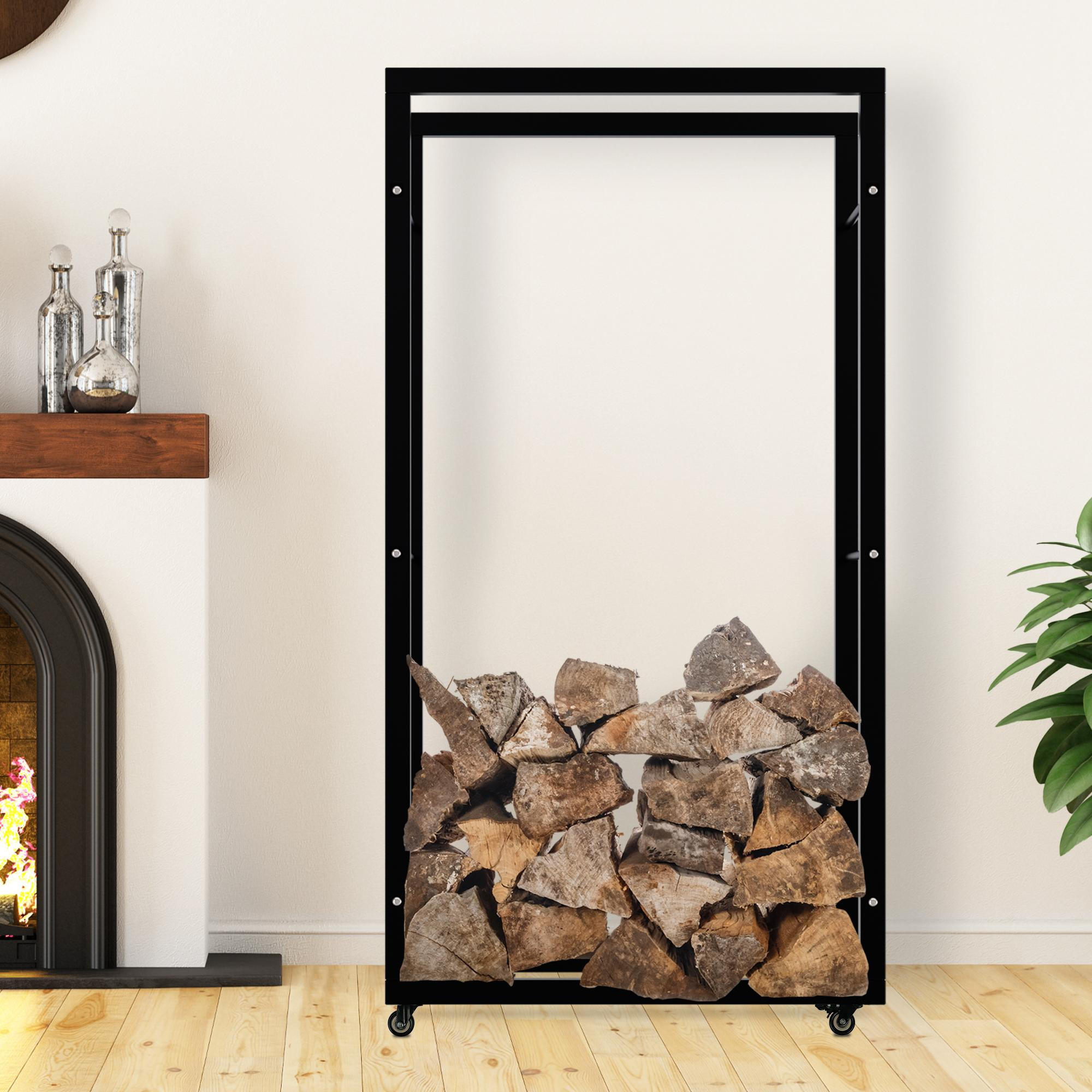 KAMINHOLZREGAL innen Metall SATLO Kaminholzständer mit Rollen Schwarz 25x80x150 cm - Schwarz, Metall (80/150/25cm) - DELUKE