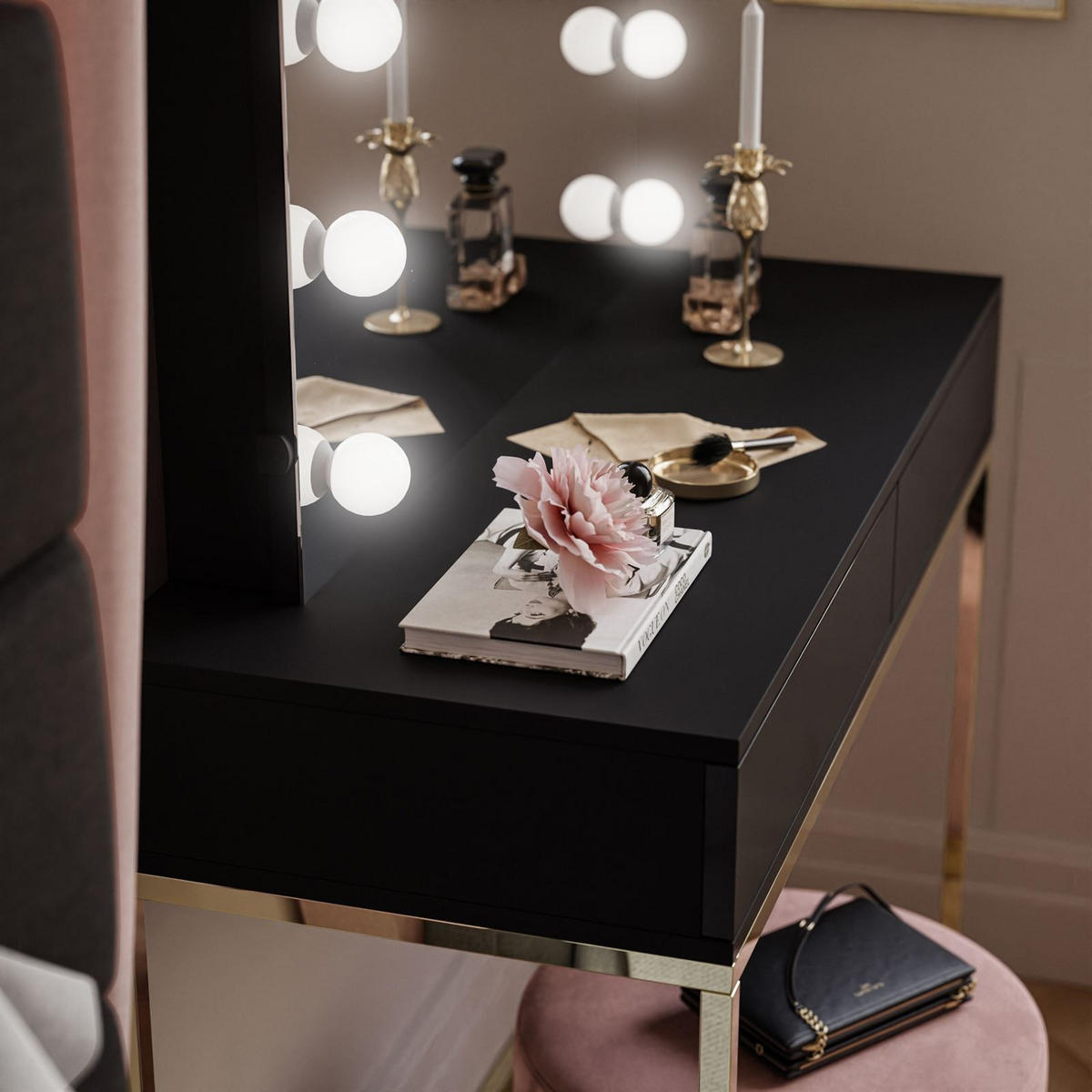 SCHMINKTISCH BLANCO ELITE mit Spiegel und Beleuchtung Gold Chrom Schwarz Hochglanz PUSH OPEN - Schwarz Hochglanz, Holzwerkstoff (100/146/42cm) - Lookway