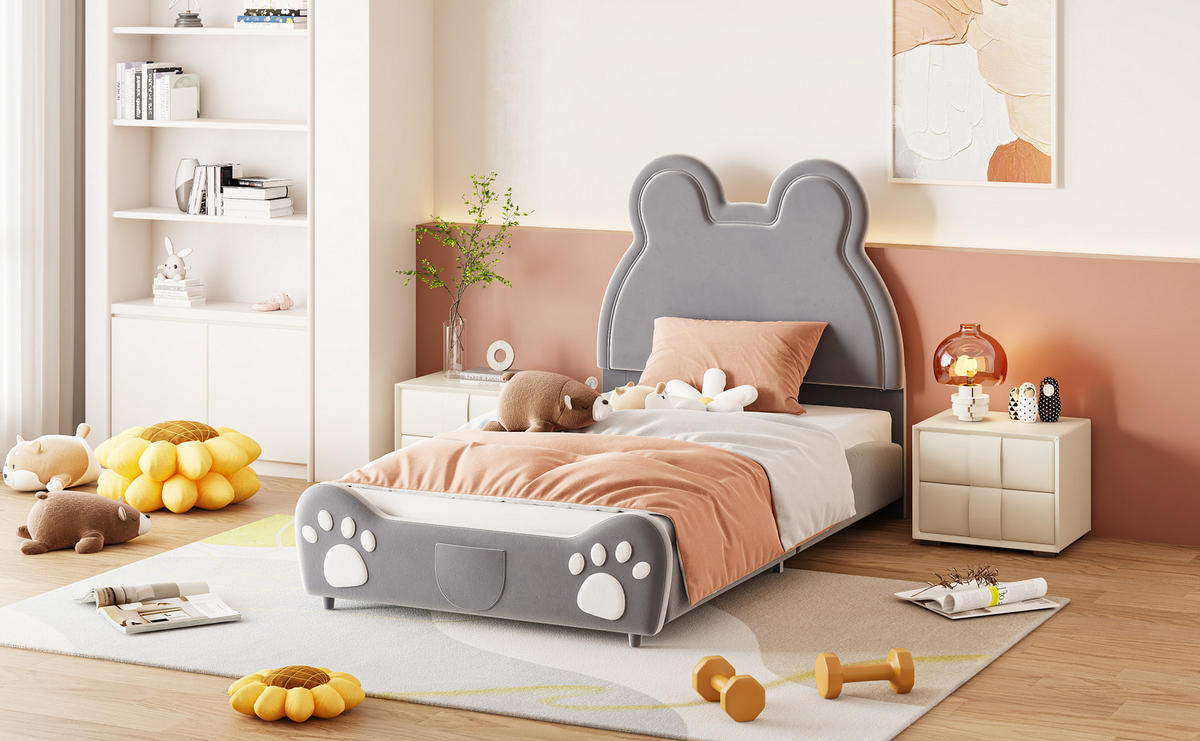 KINDERBETT Polsterbett 90/200 cm aus Samtstoff mit Bärenform Grau - Grau, Textil (90/200cm) - Modenvie