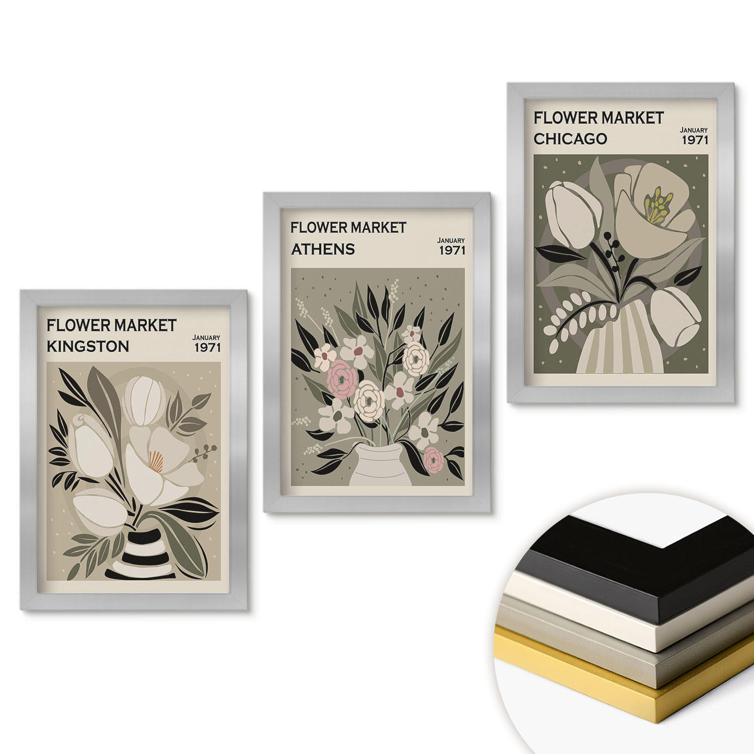 WANDBILDER 3er Set - 20x30 cm Silberner Rahmen - Retro-Blumenarrangements - Silberfarben, Kunststoff (20/30cm) - ArtPrintCave