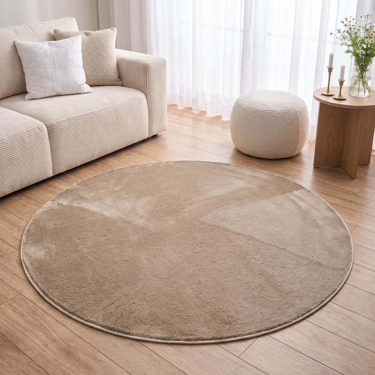 KURZFLORTEPPICH LUMI rund hellbraun kuschelweich waschbar 100/100 cm - Hellbraun, Textil (100/100cm) - Tapiso