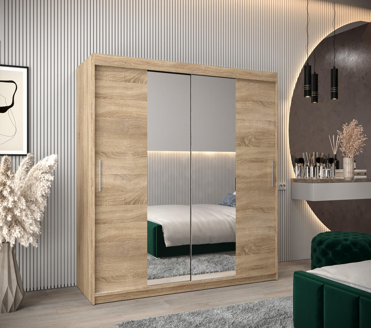 SCHWEBETÜRENSCHRANK 200/180/62 2-türig - Silberfarben/Sonoma Eiche, Holz/Kunststoff (180/200/62cm) - MÖBEL KRYSPOL