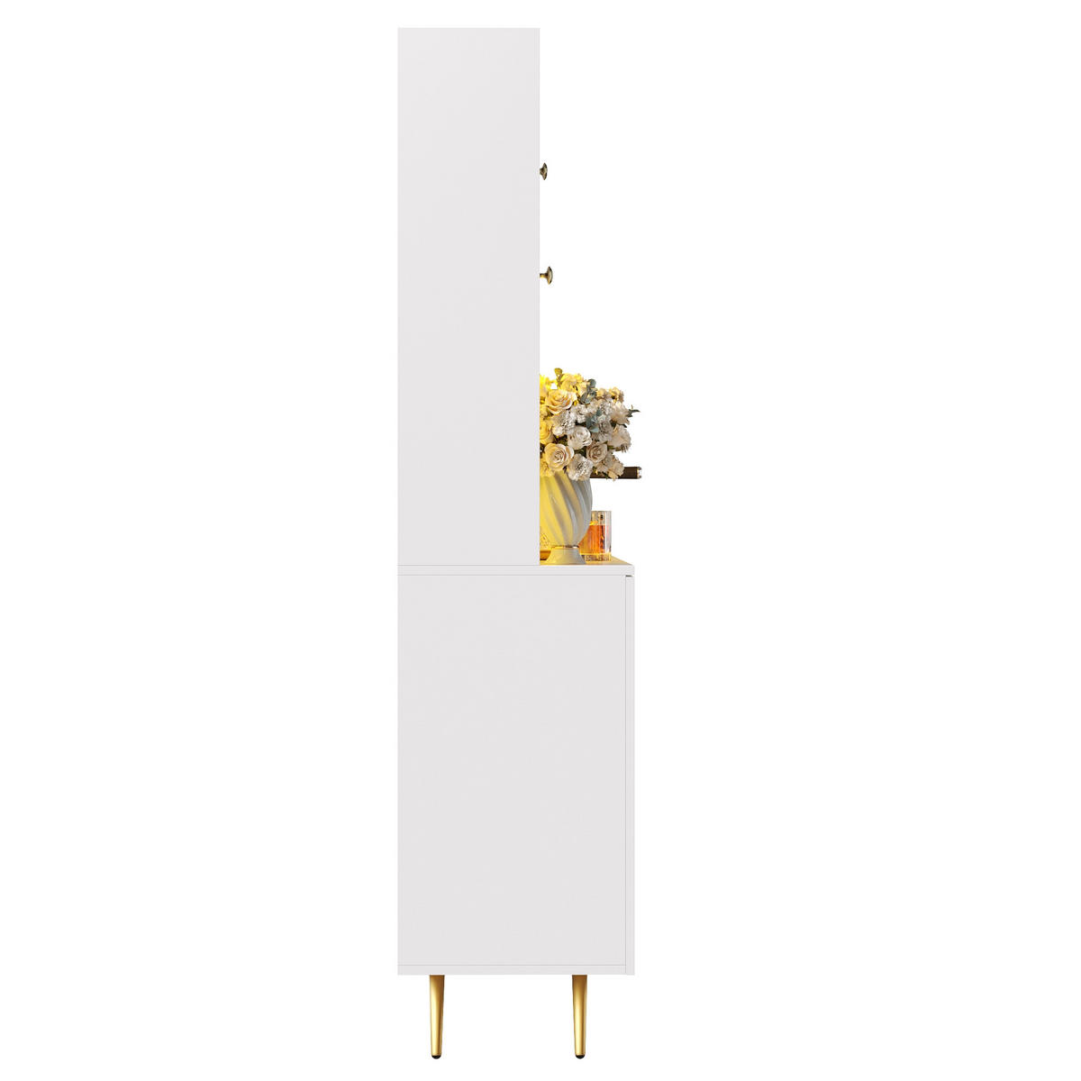 HIGHBOARD in Weiß Küchenschrank mit LED-Lichtleiste und Schubladen für Küche und Wohnzimmer, B120/T40/H176 cm - Goldfarben/Weiß, Glas/Holzwerkstoff (120/176/40cm) - STILVORA