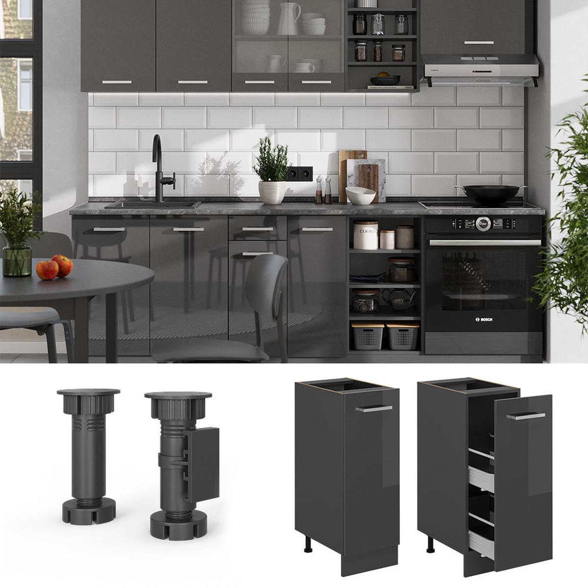 APOTHEKERSCHRANK R-Line Anthrazit Hochglanz 30 cm , AP Eiche - Schwarz Hochglanz/Anthrazit, Holzwerkstoff (30/81.6/60cm) - Vicco