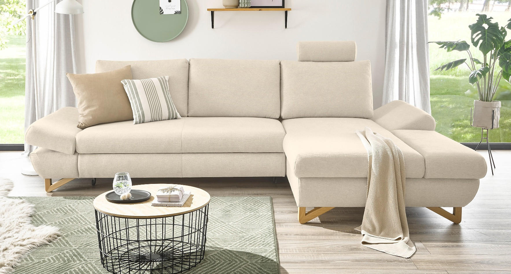 ECKSOFA creme Velours, Sofa mit Bettfunktion und Stauraum 284 cm - Creme, Holz/Textil (284/166cm) - Furn.Design