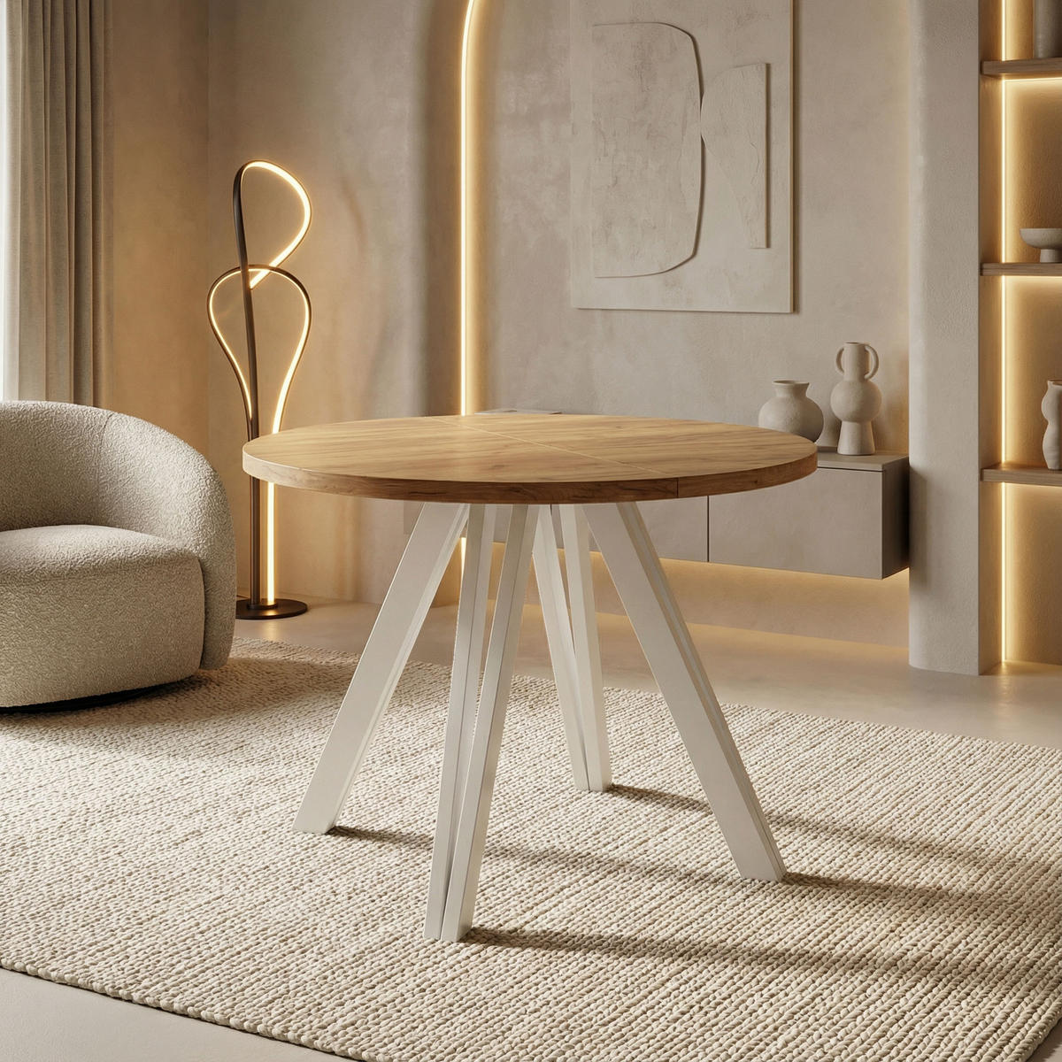 ESSTISCH Ravero runder ausziehbarer, Eiche Braun 100-140/100/77 cm - Eiche Wotan/Weiß, Holz/Holzwerkstoff (100/100/77cm) - WFL GROUP