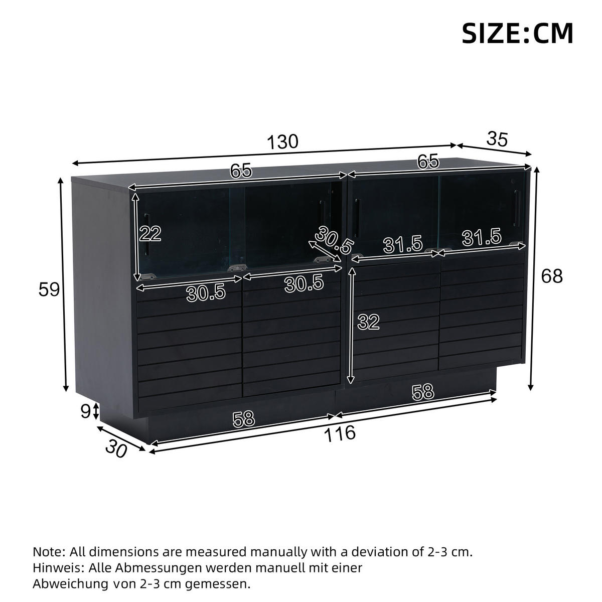 SIDEBOARD LED 2 Türen 4 Fächer Glas 130x35x68cm Stauraum - Schwarz, Holzwerkstoff (35/68/130cm) - FLIEKS