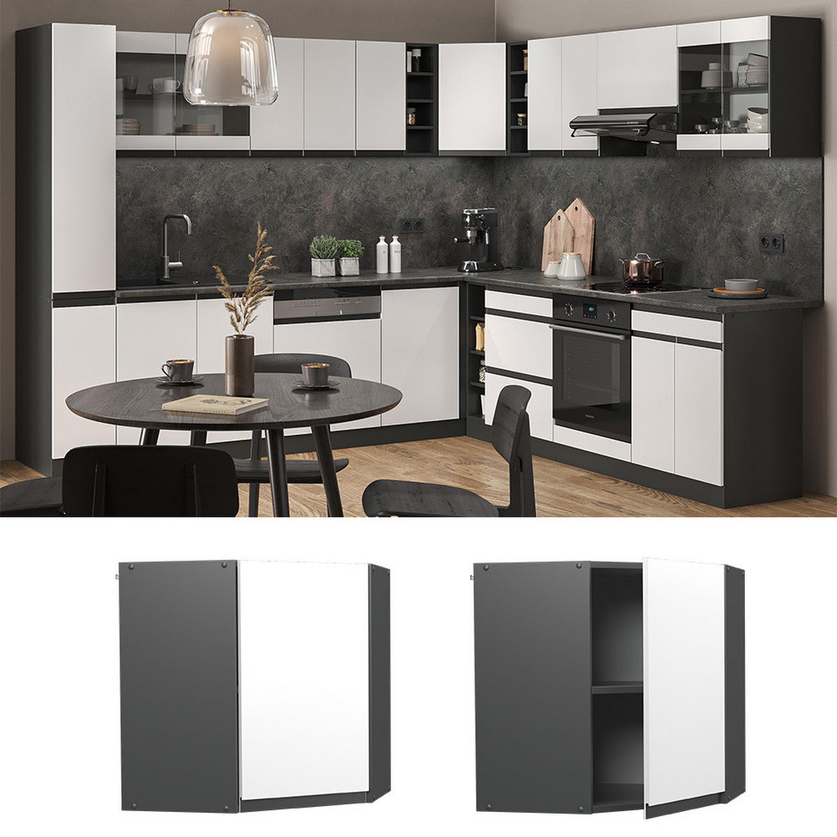 ECKHÄNGESCHRANK R-Line Weiß 57 cm J-Shape - Anthrazit/Weiß, Holzwerkstoff (57/60/34.1cm) - Vicco