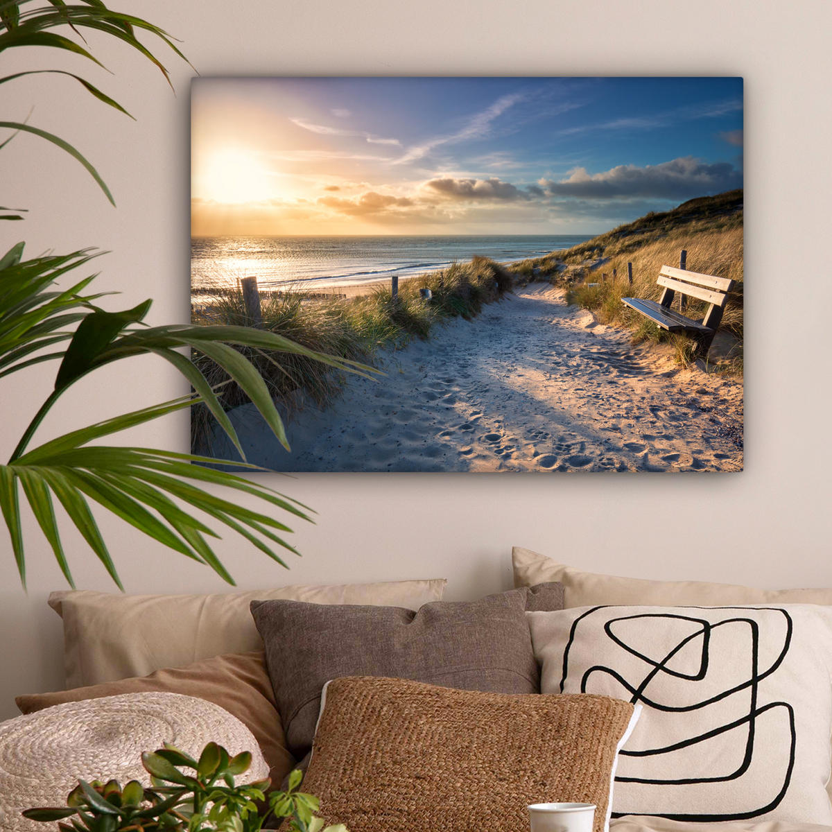OBRAZ NA PLÁTNE Západ slnka - Pláž - Duny - Tráva - Breh 80x60 cm - piesková, textil (80/60cm) - MuchoWow