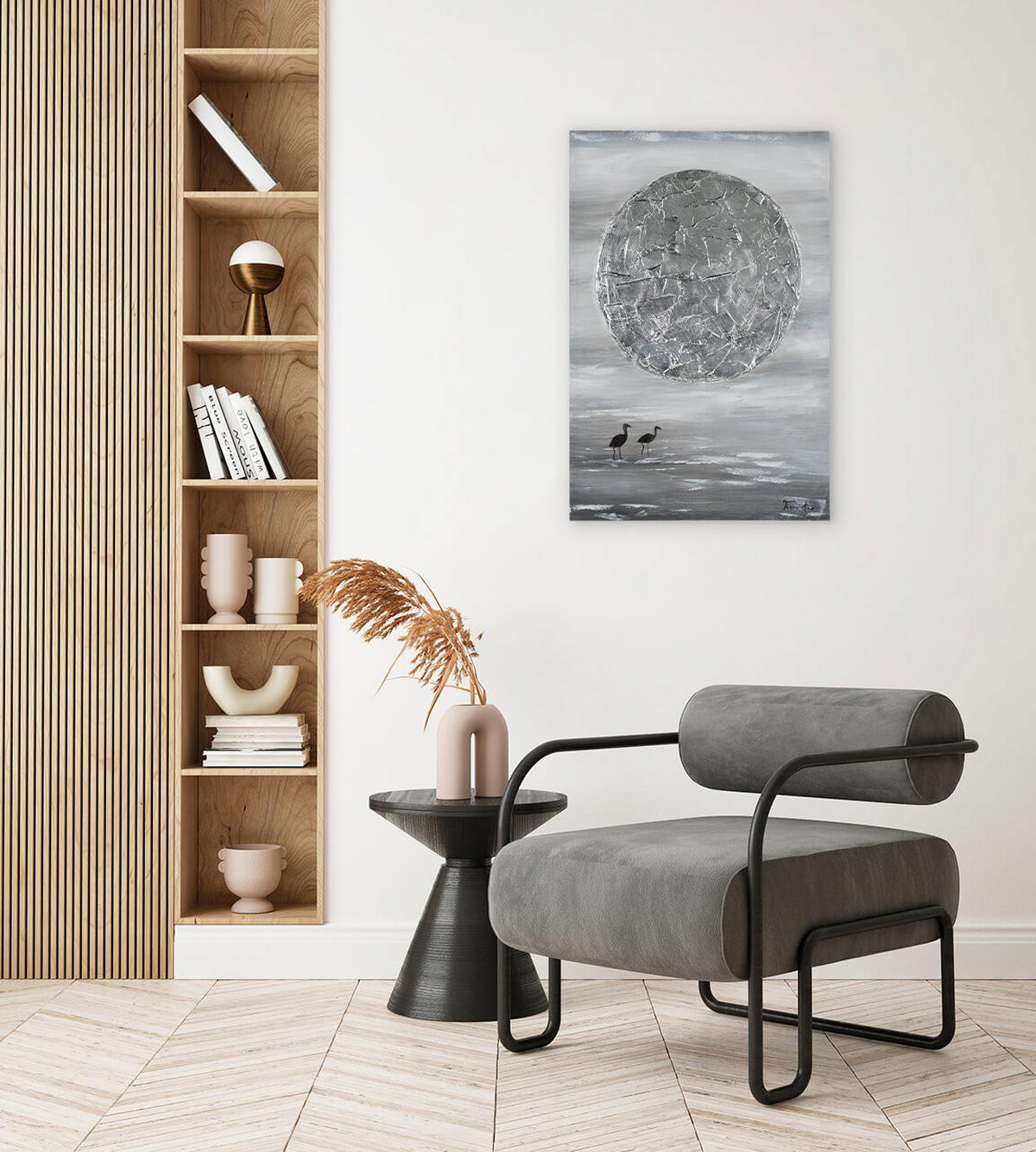 RUČNE MAĽOVANÝ AKRYLOVÝ OBRAZ 60/90 cm, sivý/strieborný, krajinný motív - sivá/strieborná, drevo/textil (60/90cm) - KUNSTLOFT
