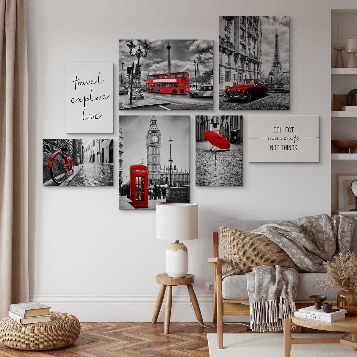 LEINWANDBILDER 7-er Set Architektur 3D - Rot/Schwarz, Textil (110/80cm) - Muralo
