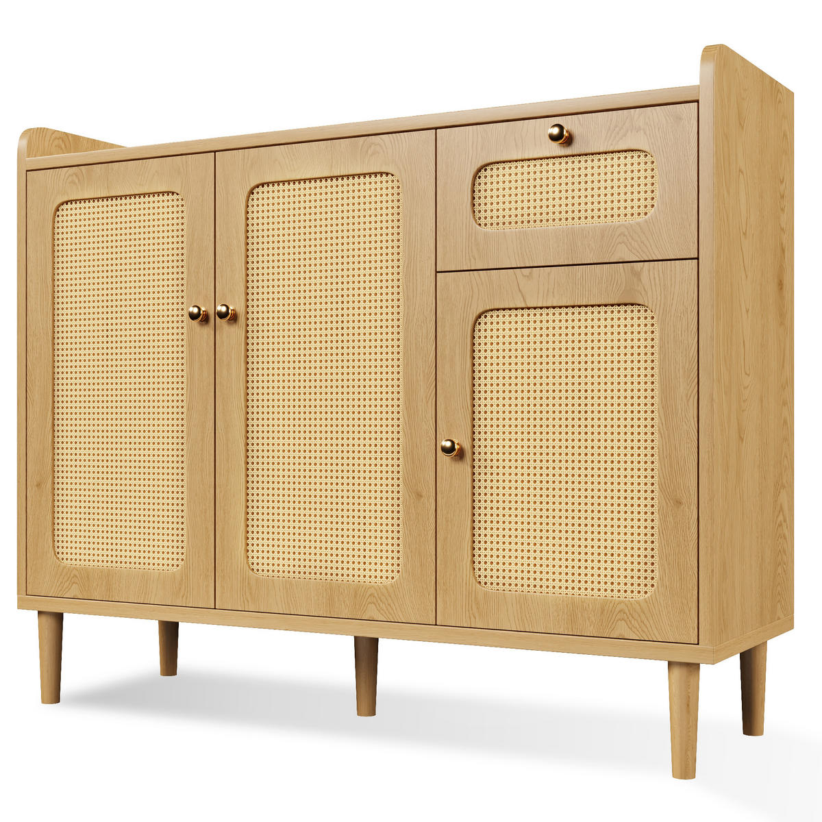 SIDEBOARD Eiche-Optik mit Rattan-Geflecht, 3 Türen & 1 Schublade - Eichefarben, Holzwerkstoff (120/91/40cm) - Urban Meuble
