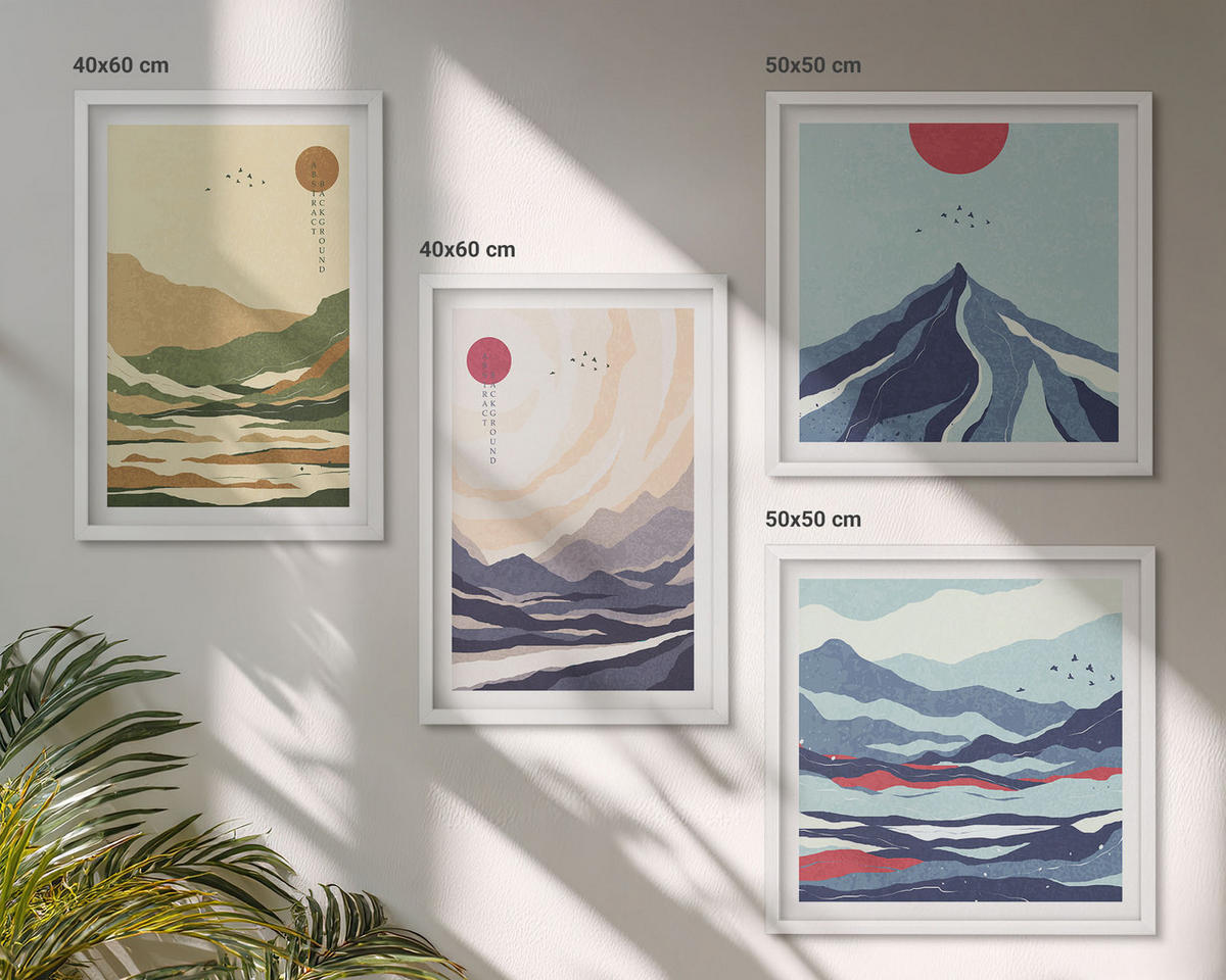 WANDBILDER 4er-Set - 50x50 cm & 40x60 cm Weißer Rahmen - Pastellfarbene Berge im Japandi-Stil - Weiß, Kunststoff (50/50cm) - ArtPrintCave